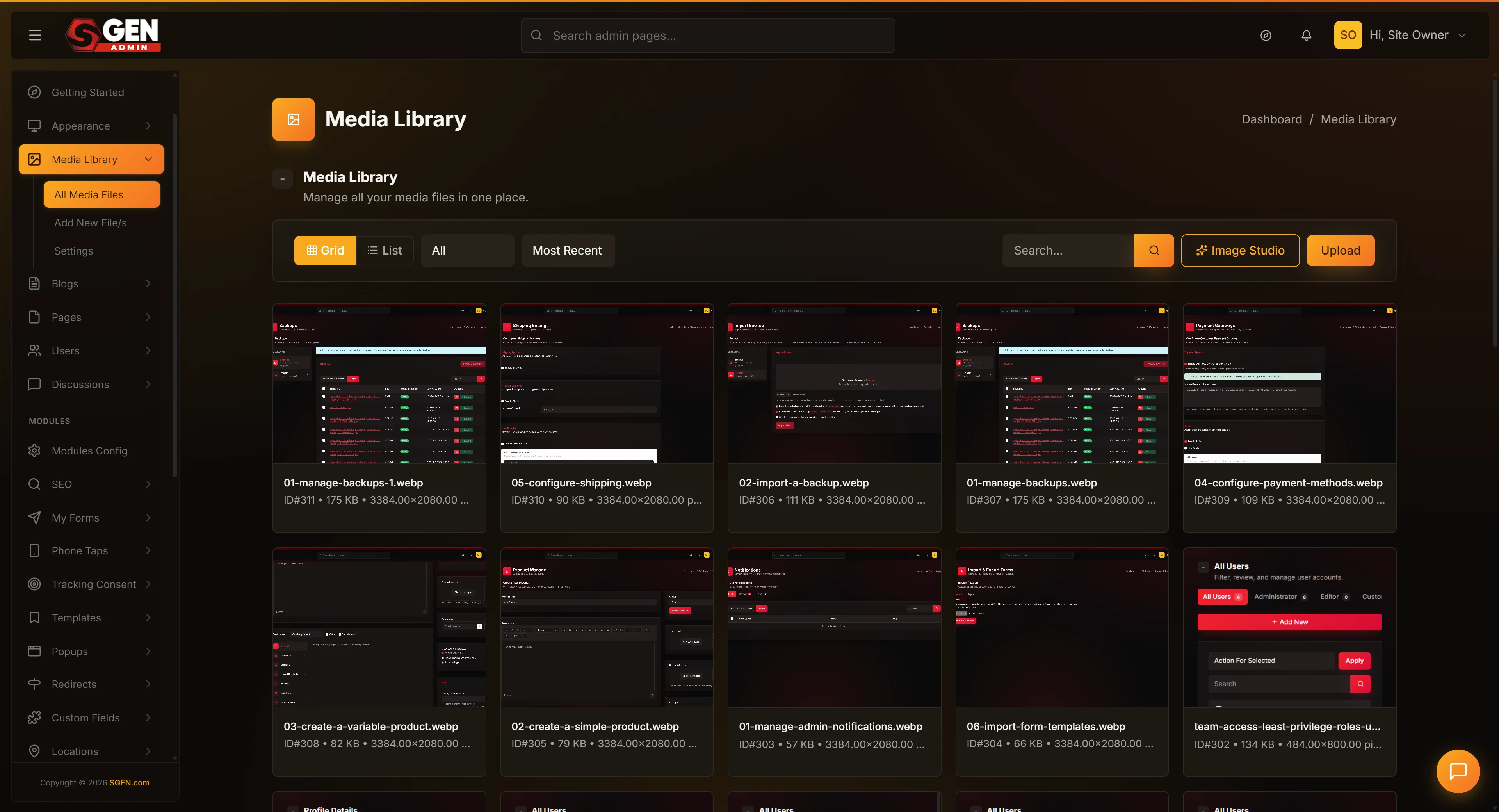 Media Library list view (Media > Library) with a file row hovered to reveal the row actions (Edit, Copy URL, Replace, Delete trash icon)