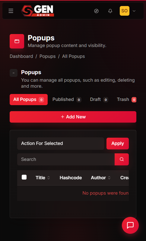 SGEN admin Popups list showing the Published and Draft status tabs with the status column visible for each row