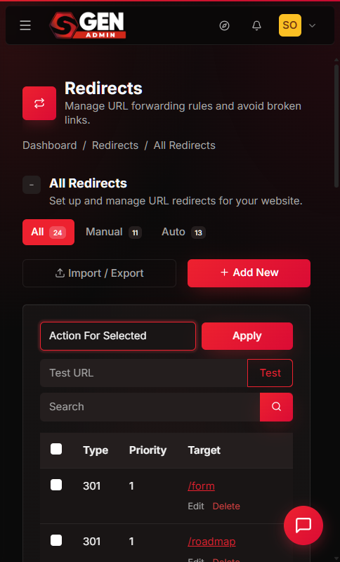 SGEN All Redirects list in selection mode with two rules checked and the Move to Inactive option highlighted in the bulk-action dropdown