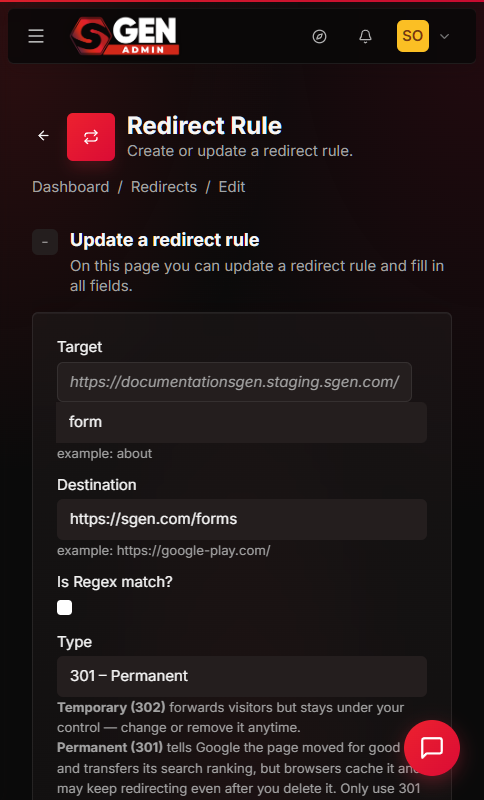SGEN Edit Redirect form with the Status toggle in the right-hand sidebar set to Inactive and the Update redirect rule button visible