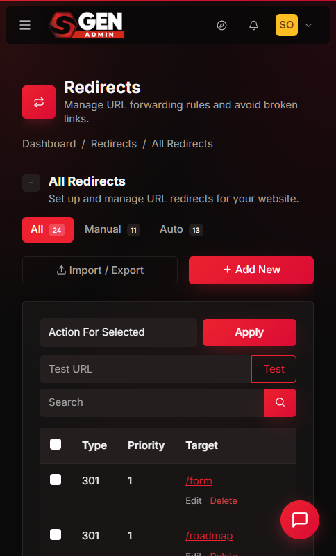 SGEN admin All Redirects list showing Active and Inactive rules with Type, Target, Destination, Hits, and Status columns