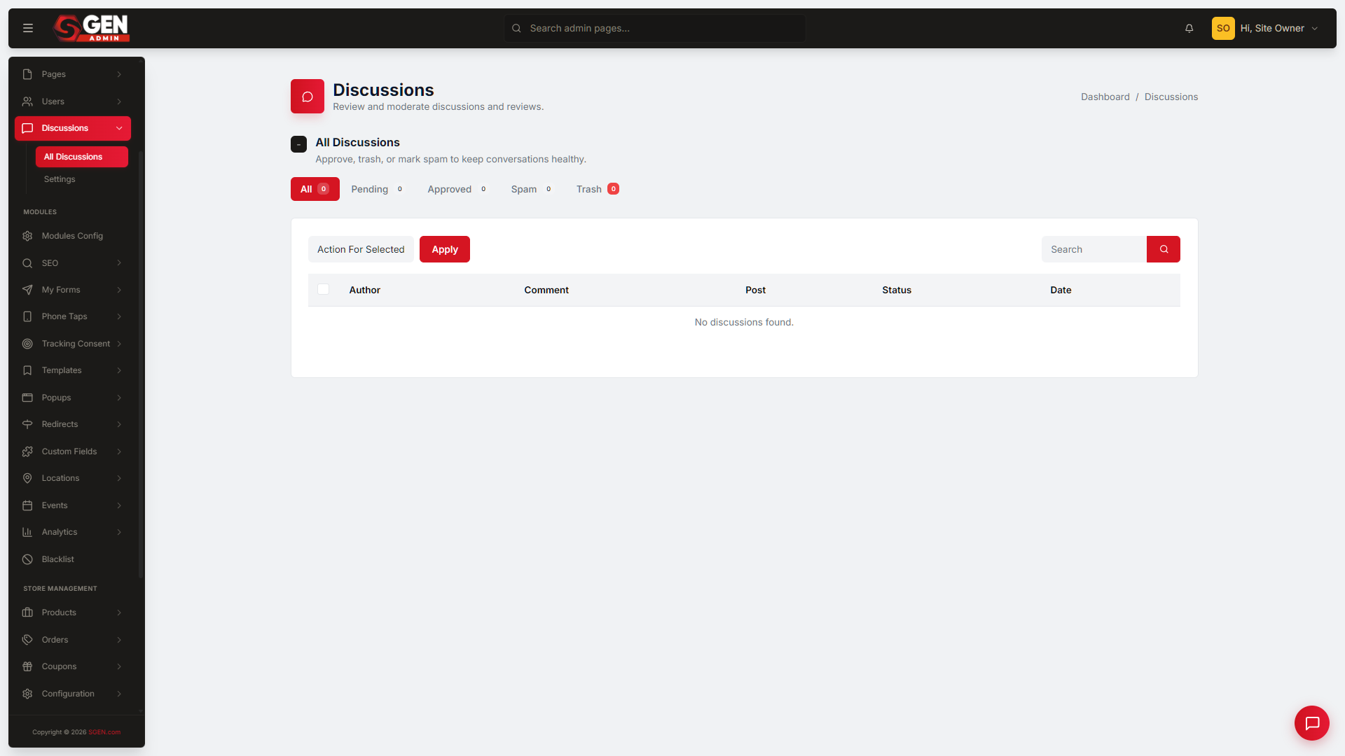 the All Discussions queue on the Pending tab, with the inline action toolbar (Approve, Spam, Trash, View) visible below a comment.