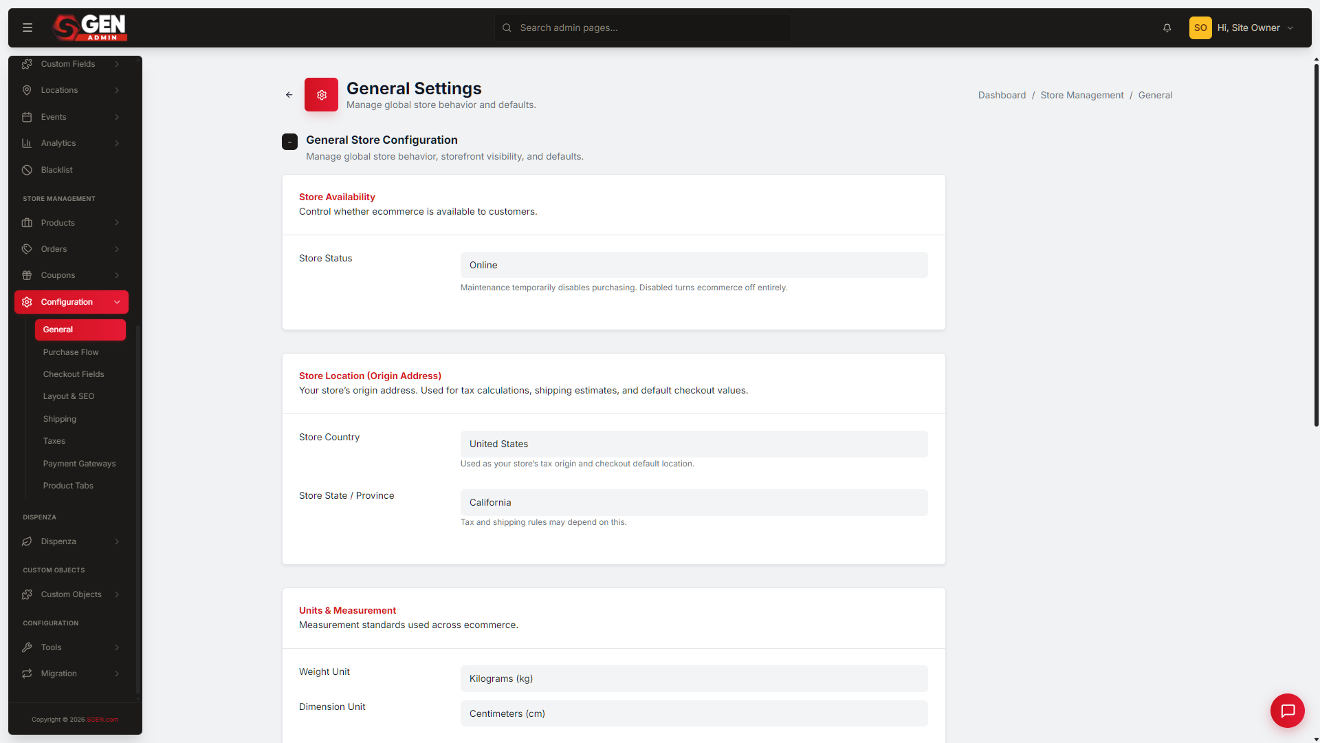 The Payment Gateways screen under Store Management, showing the Stripe and PayPal sections with their enable controls, mode settings, and credential fields, plus a Save Changes button.
