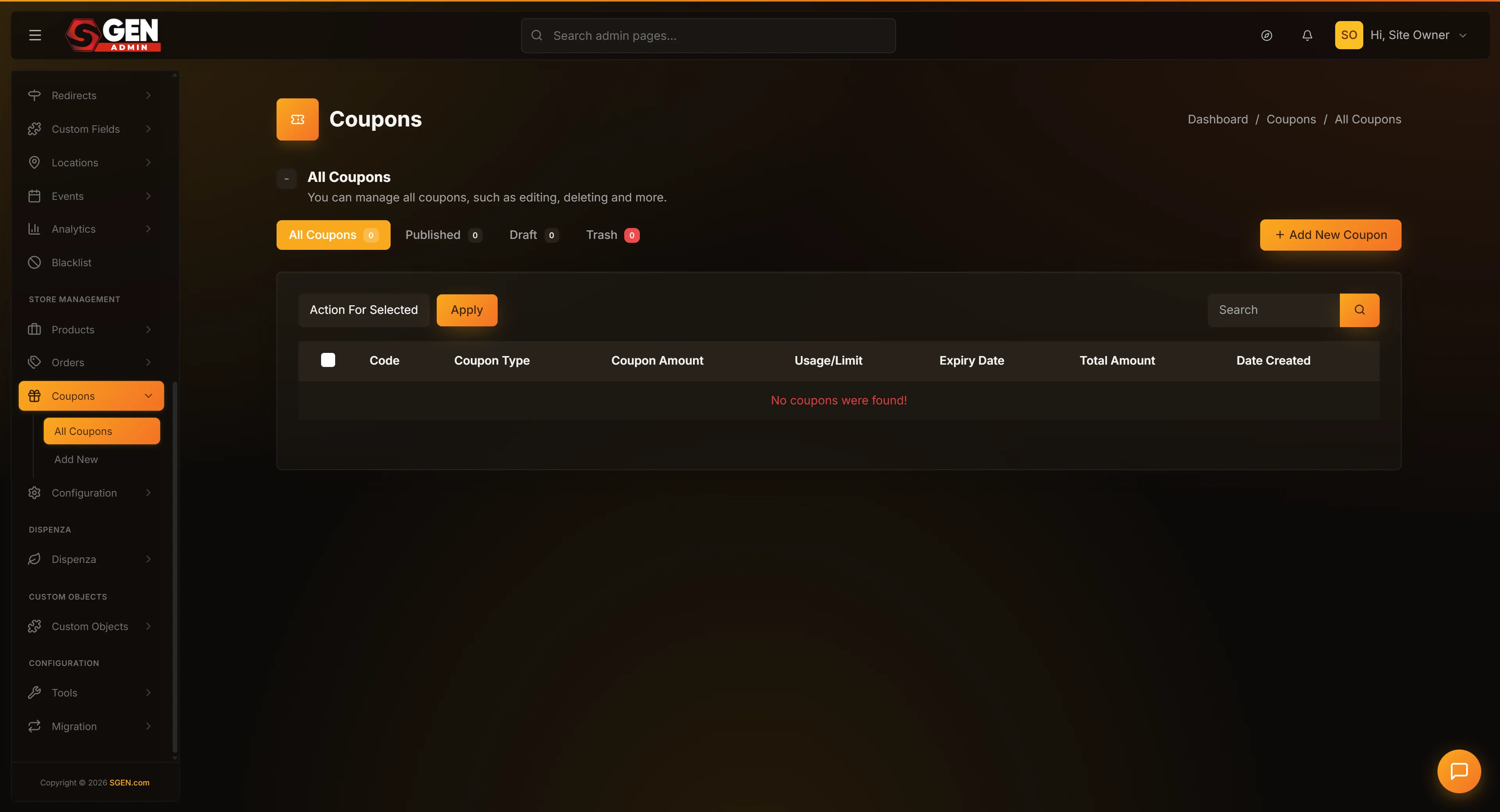 Ecommerce -> Coupons list with the search box / status tabs (All, Published, Draft, Trash) used to locate the conflicting code; the red 'Coupon code is already exists!' error sits