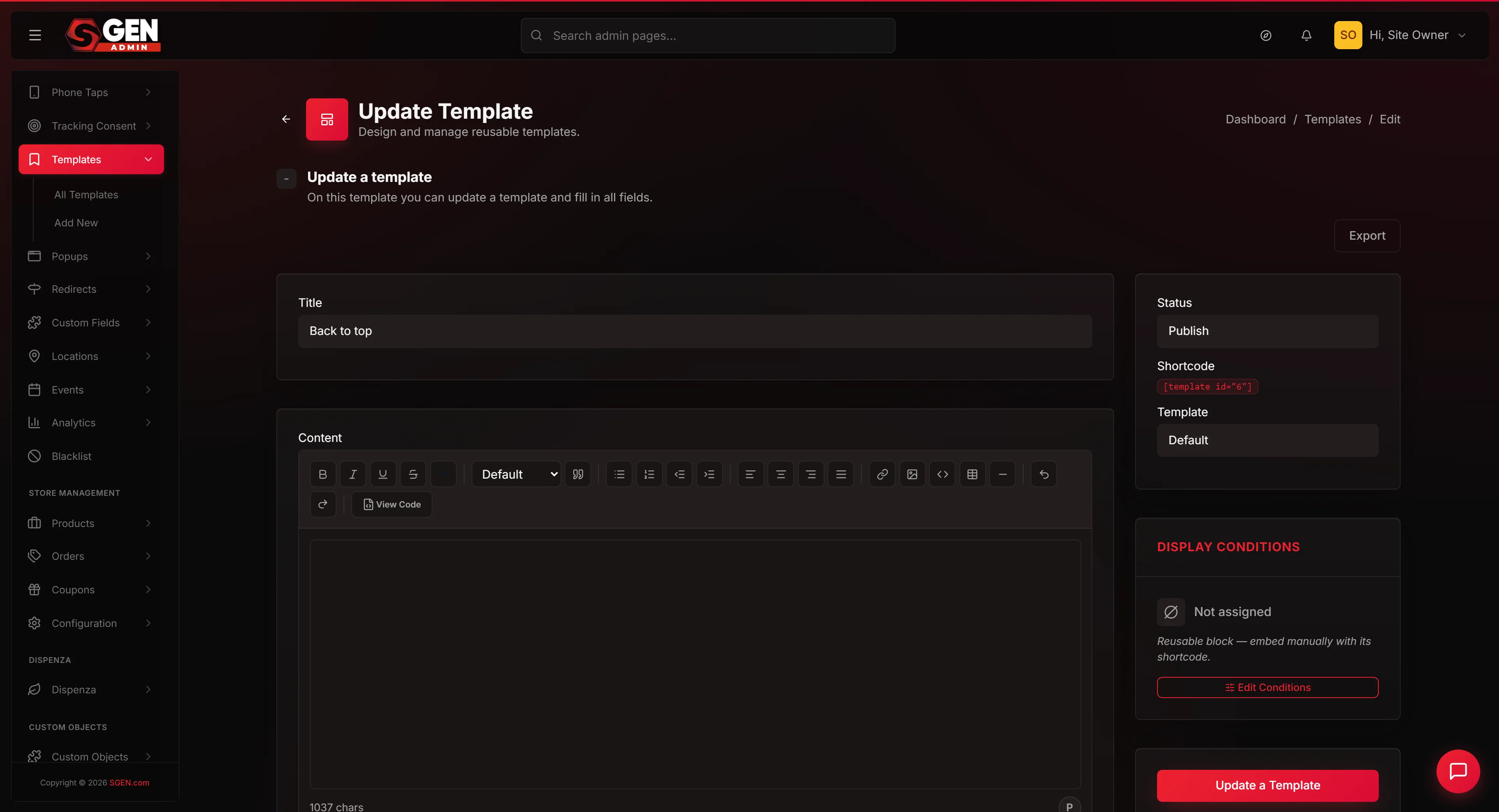 The template Edit form at /sg-admin/templates/edit/<id> — Title/Status/Content fields and the sidebar with Author, Created, Last modified, the read-only Shortcode, Edit with SG-Bui