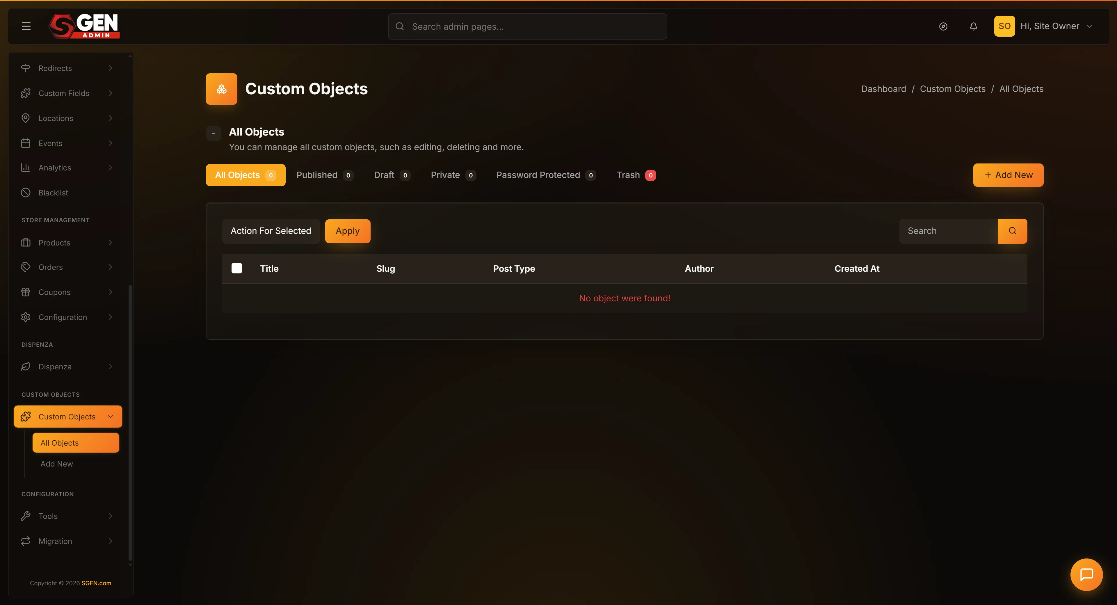 SGEN admin Custom Objects edit screen — the pre-filled type-definition form with the Update Item button in the right sidebar