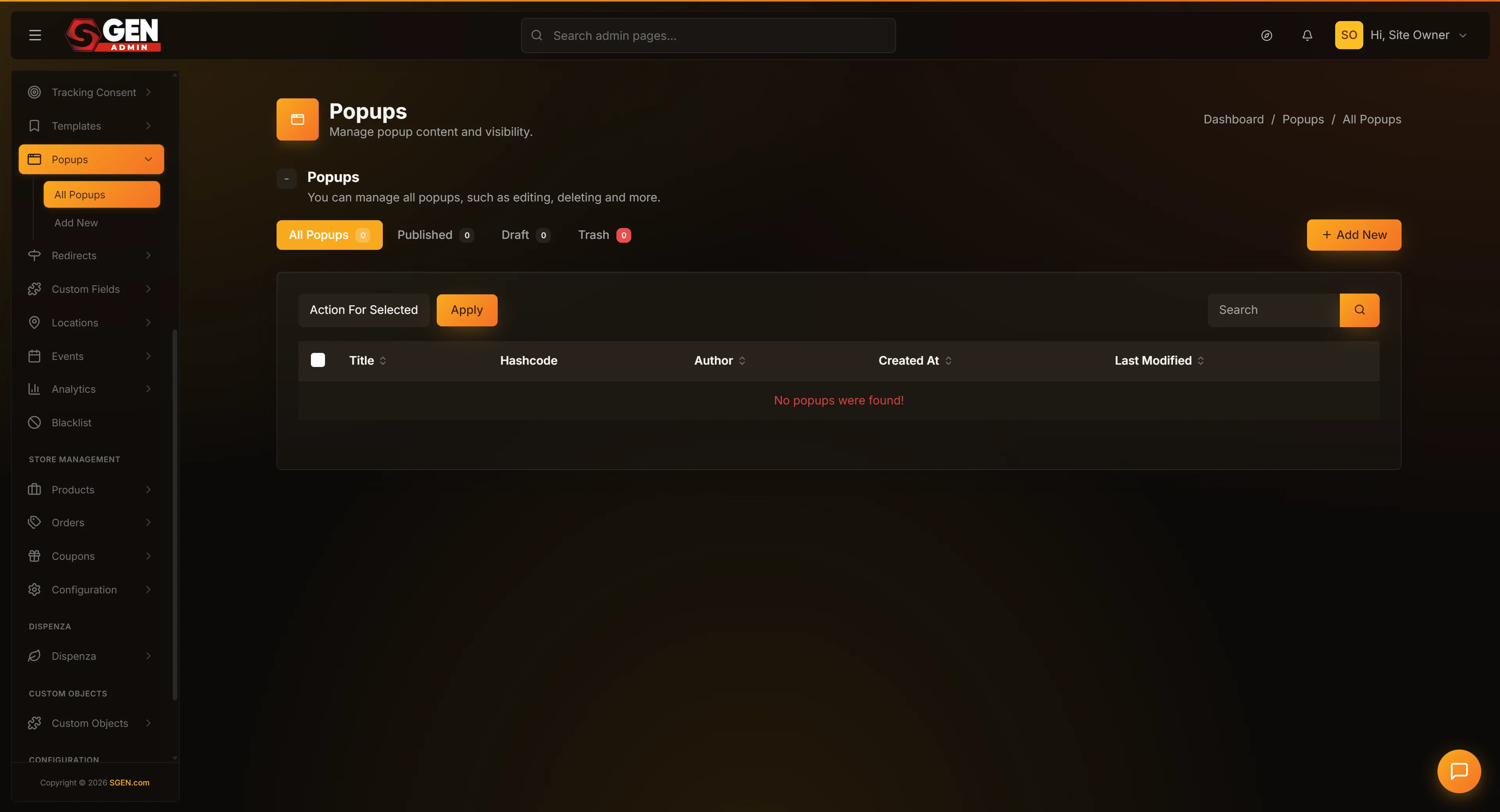 Popups list (All / Published / Draft / Trash tabs, Edit/Trash row actions) leading into the Update-a-Popup edit form.