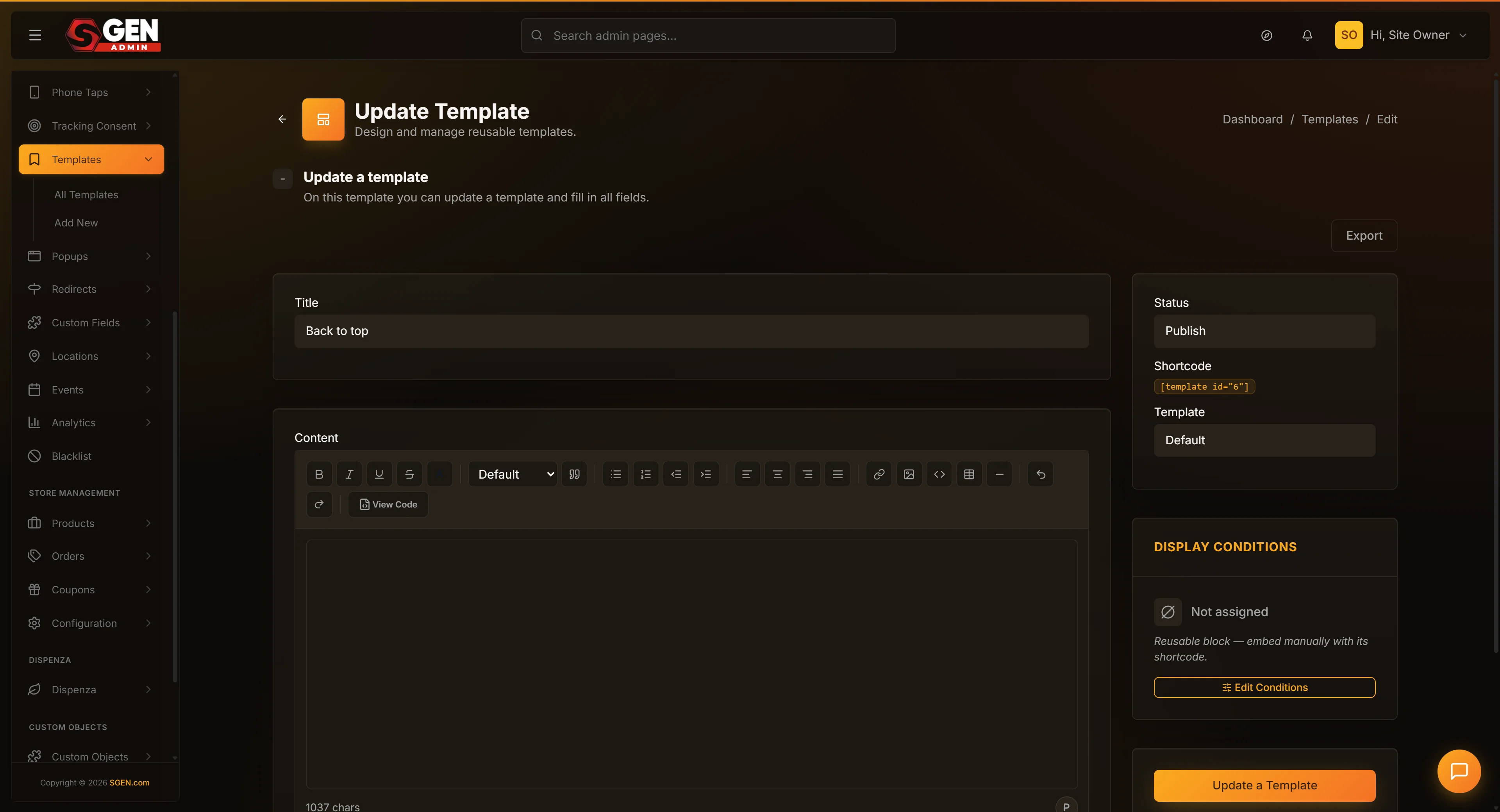 SGEN admin Templates edit screen — top-right action cluster showing the Export button near Save and Duplicate
