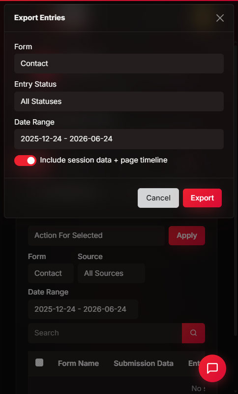 Browser Downloads folder showing exported-submissions.zip and the unzipped CSV files named after each form