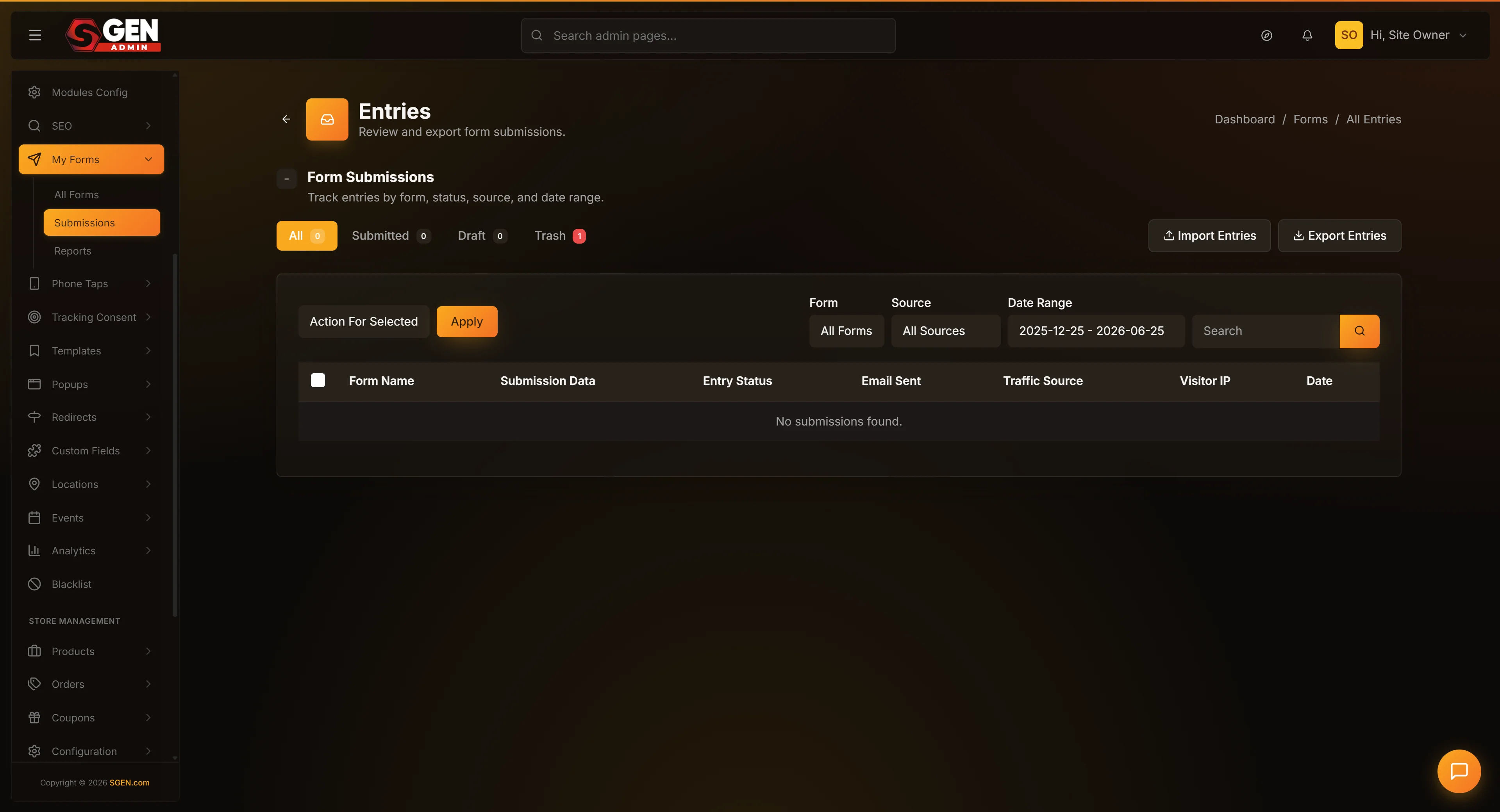 Forms > Submissions screen: combined submissions list with the Export button (the click that downloads exported-submissions.zip).