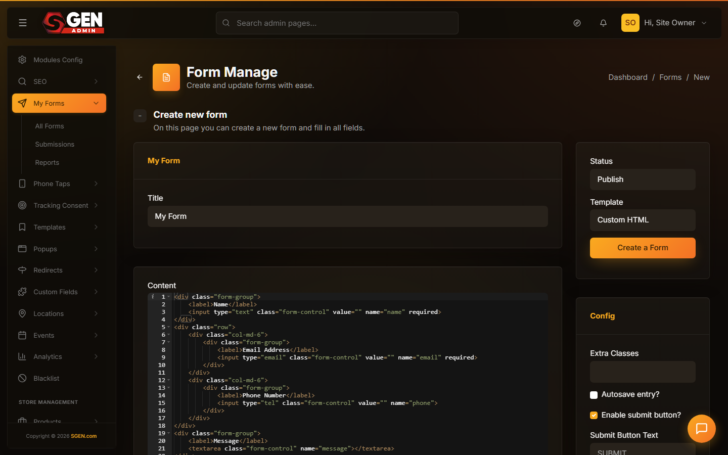 The SGEN form builder on a new form