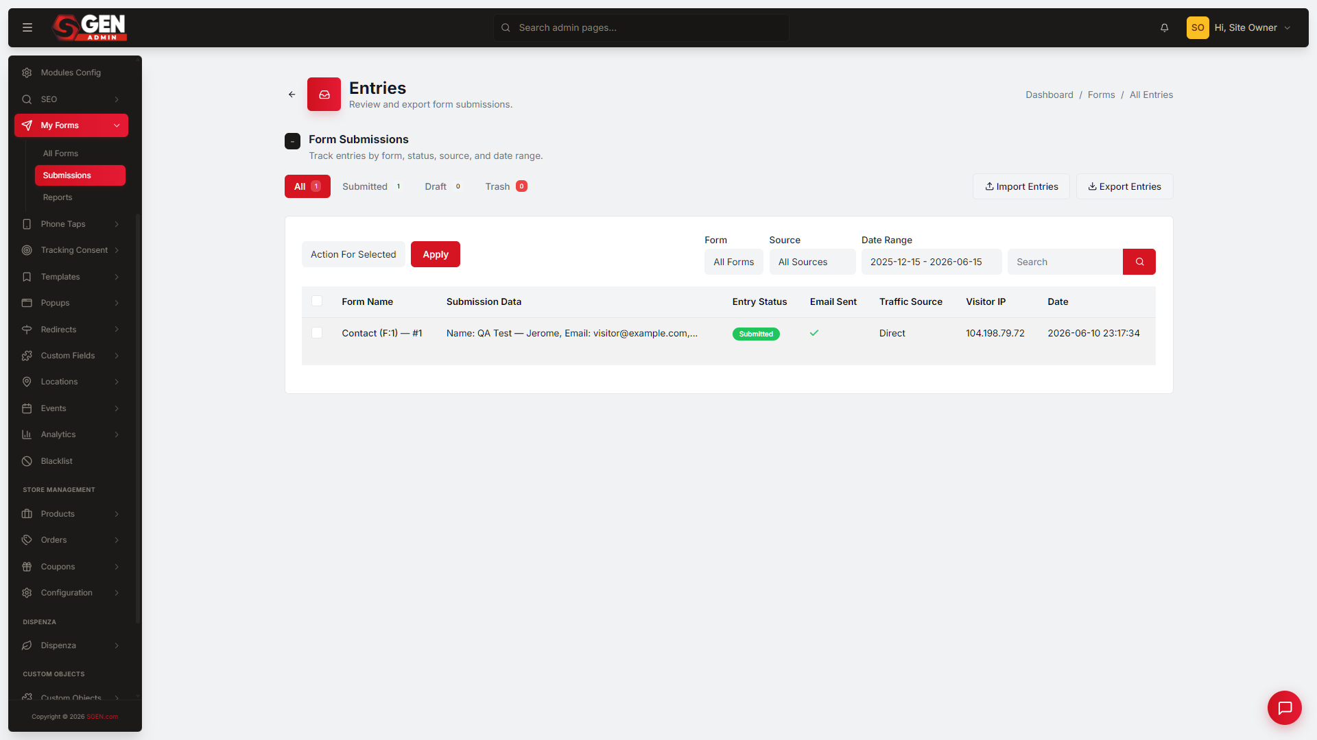 the Forms → Submissions list filtered to today, showing the Form, Submitted values, Source, Notified, and Date columns with the Notified badge on each row.