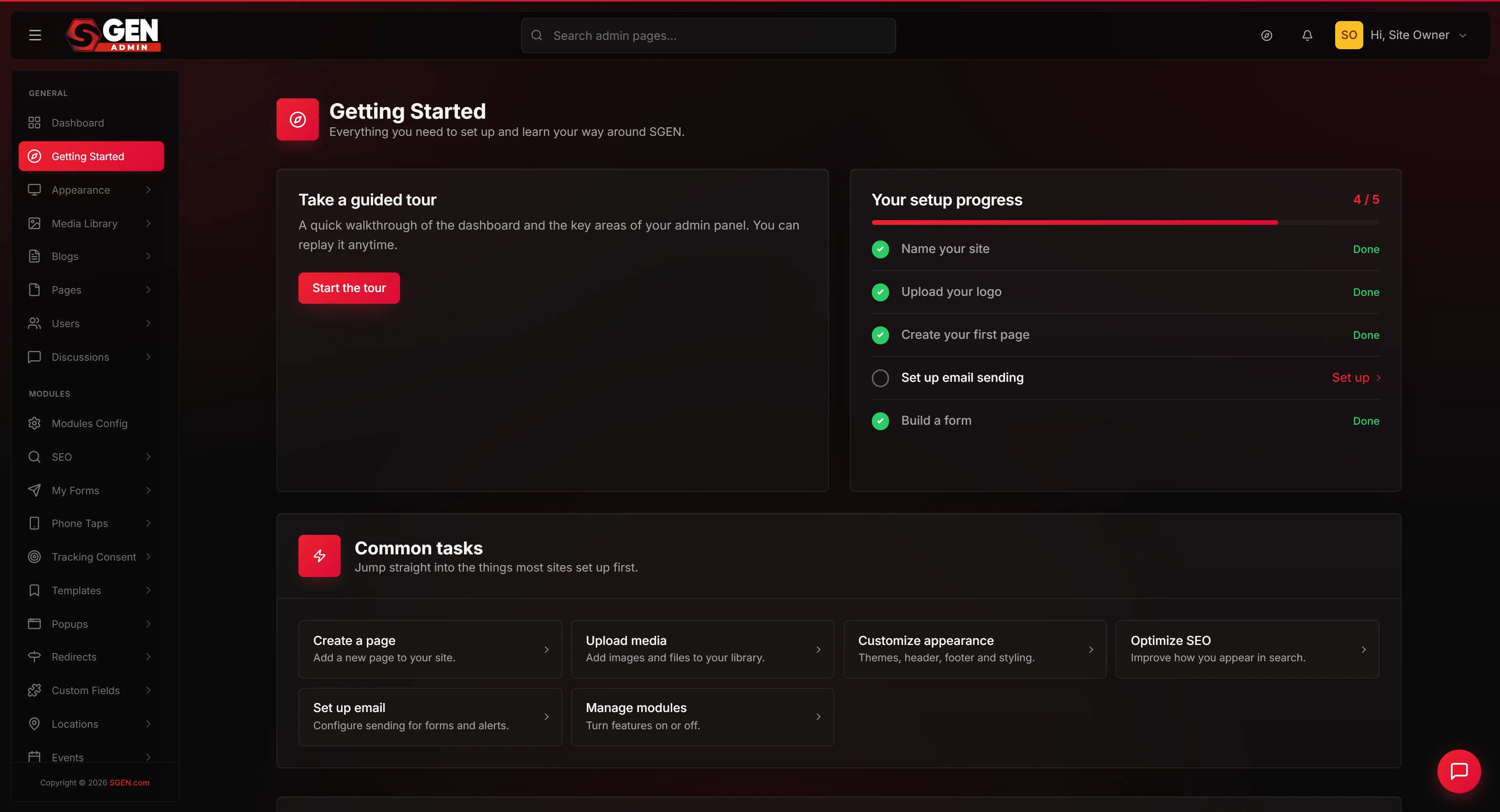 SGEN admin Getting Started hub — guided-tour card, setup-progress checklist, and common tasks