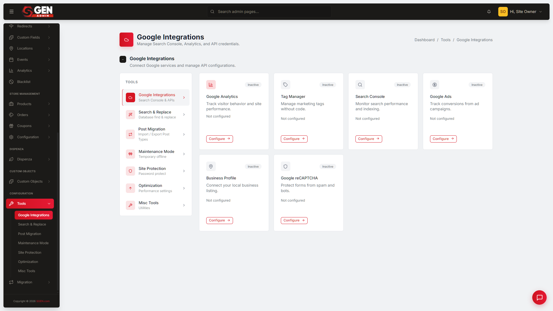 The Google Integrations screen in the site admin, with the Enable Business Profile toggle on and fields for Account Name, Location ID, and the Service Account JSON, plus a Save Settings button.