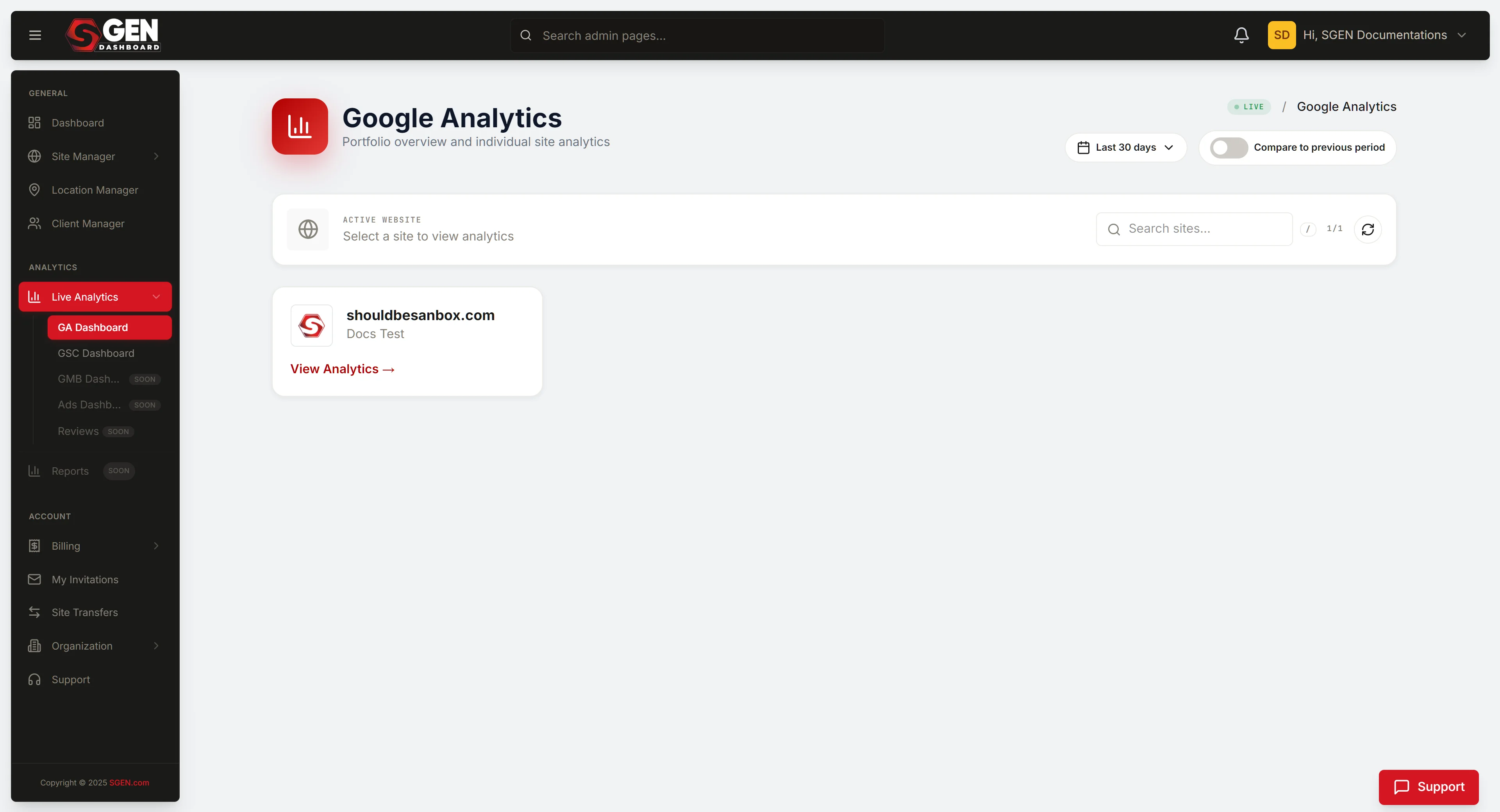 SG-Dashboard Live Analytics hub (dashboard.sgen.com/analytics/ga-dashboard) — tabbed view: Google Analytics / Search Console / Google Business / Google Ads (+ Reviews/Reports comin