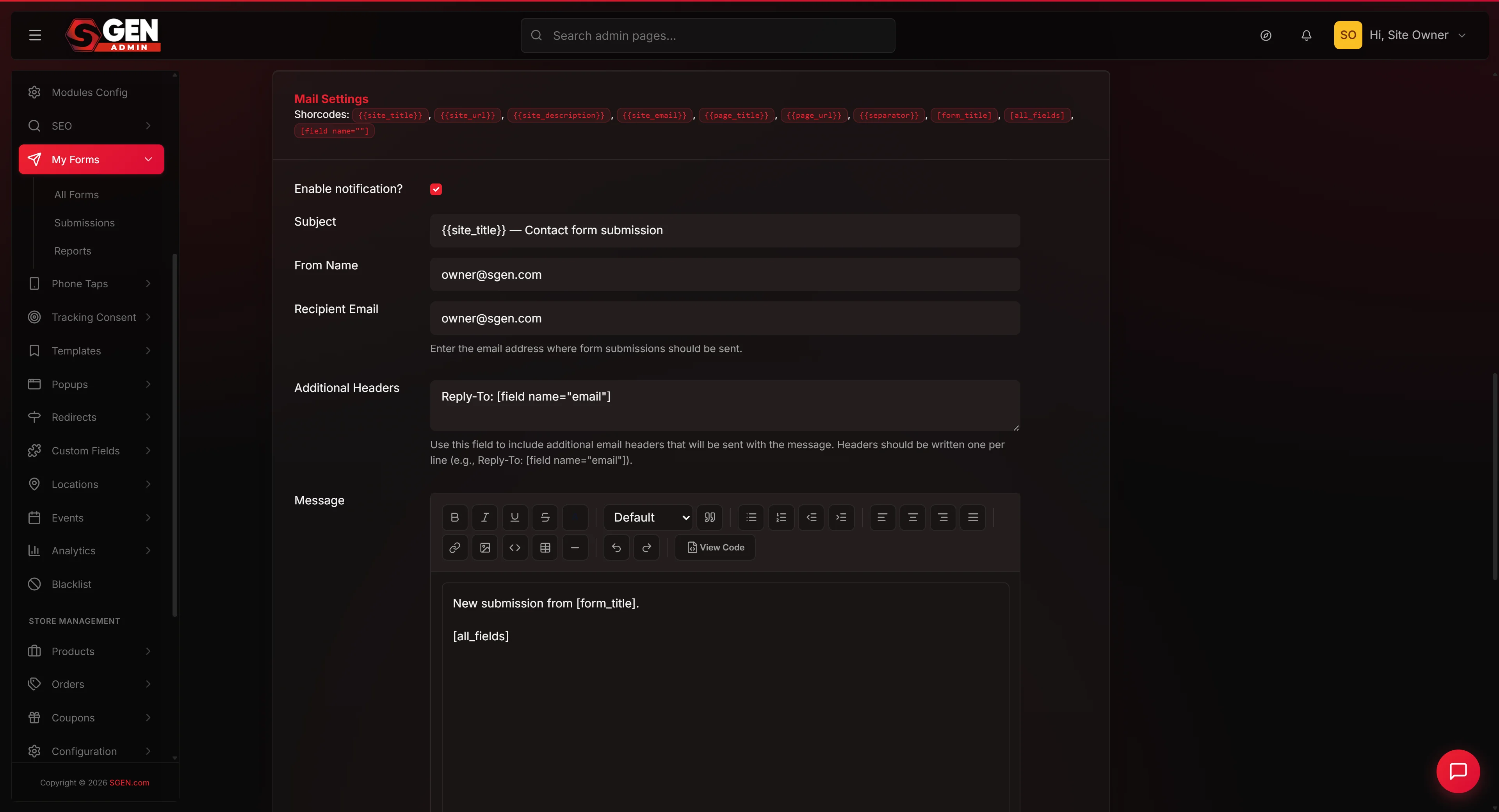 A form's detail tabs in My Forms — focal on the Mail Settings tab (recipient/subject/reply-to) and the Integrations tab (Webhook + CRM Configure)