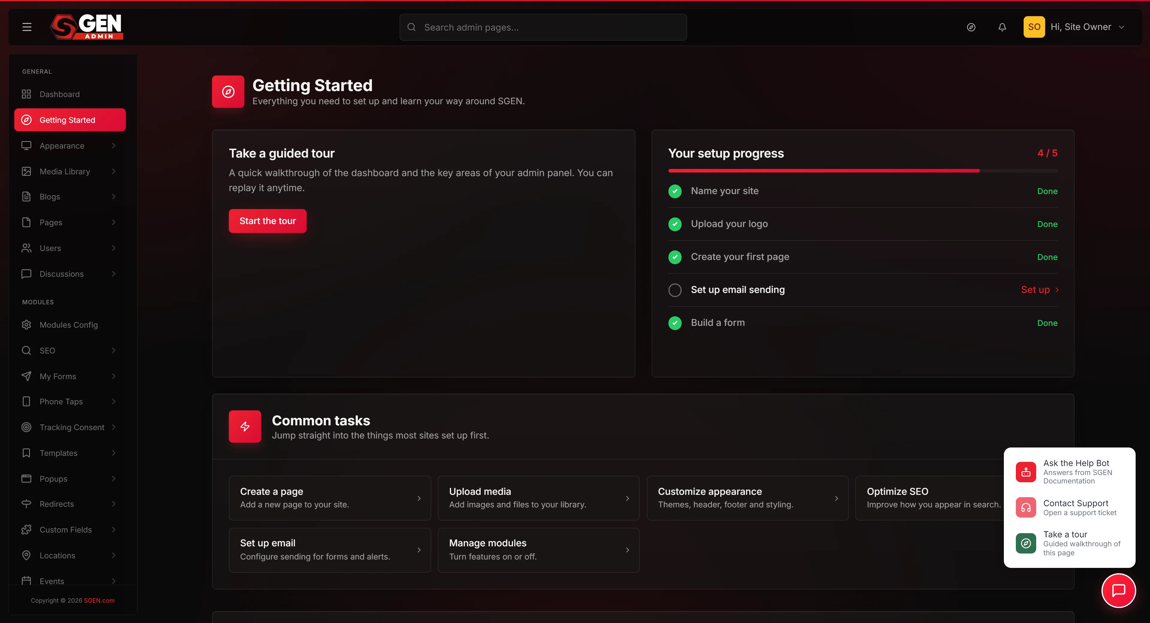 The help launcher (dark-red circular Help button, bottom-right of admin) expanded to its two actions: Ask the Help Bot / Take a tour.