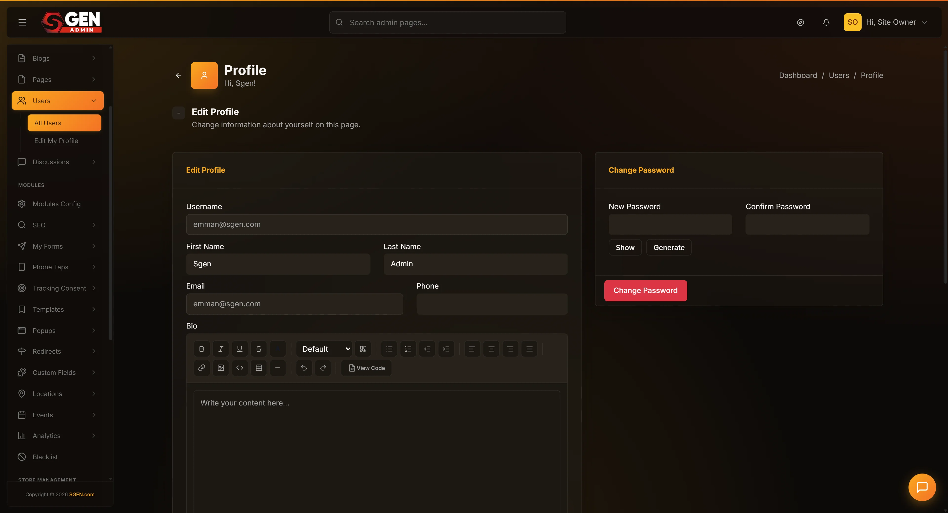 SGEN admin user-edit screen with the Change Password card (New Password, Confirm Password, Old Password, Change Password button)