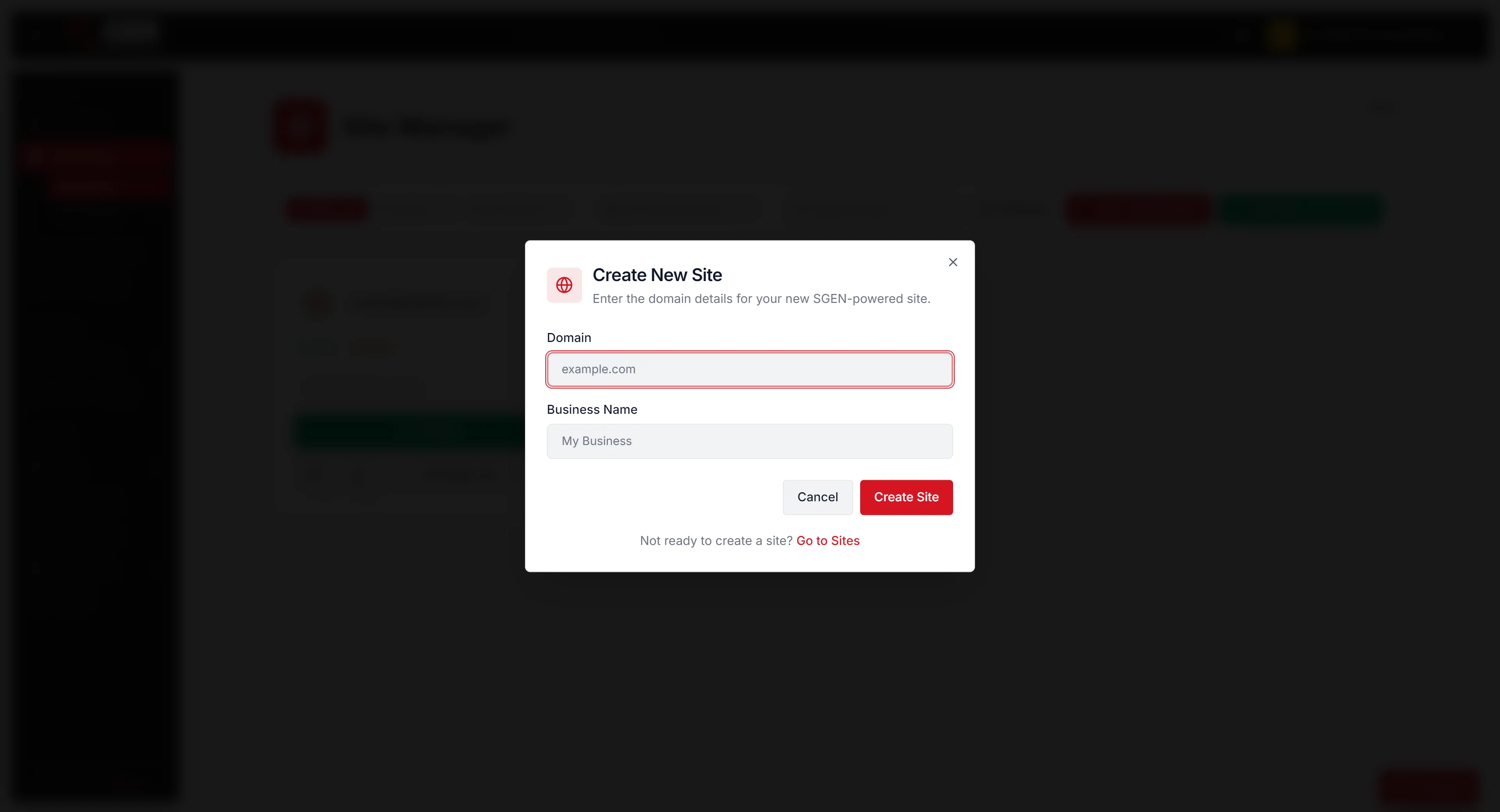 SG-Dashboard create-site flow — Quick Actions > Create New Site (or Site Manager > + Add Site) opening the two-field create modal (Domain + Business Name).