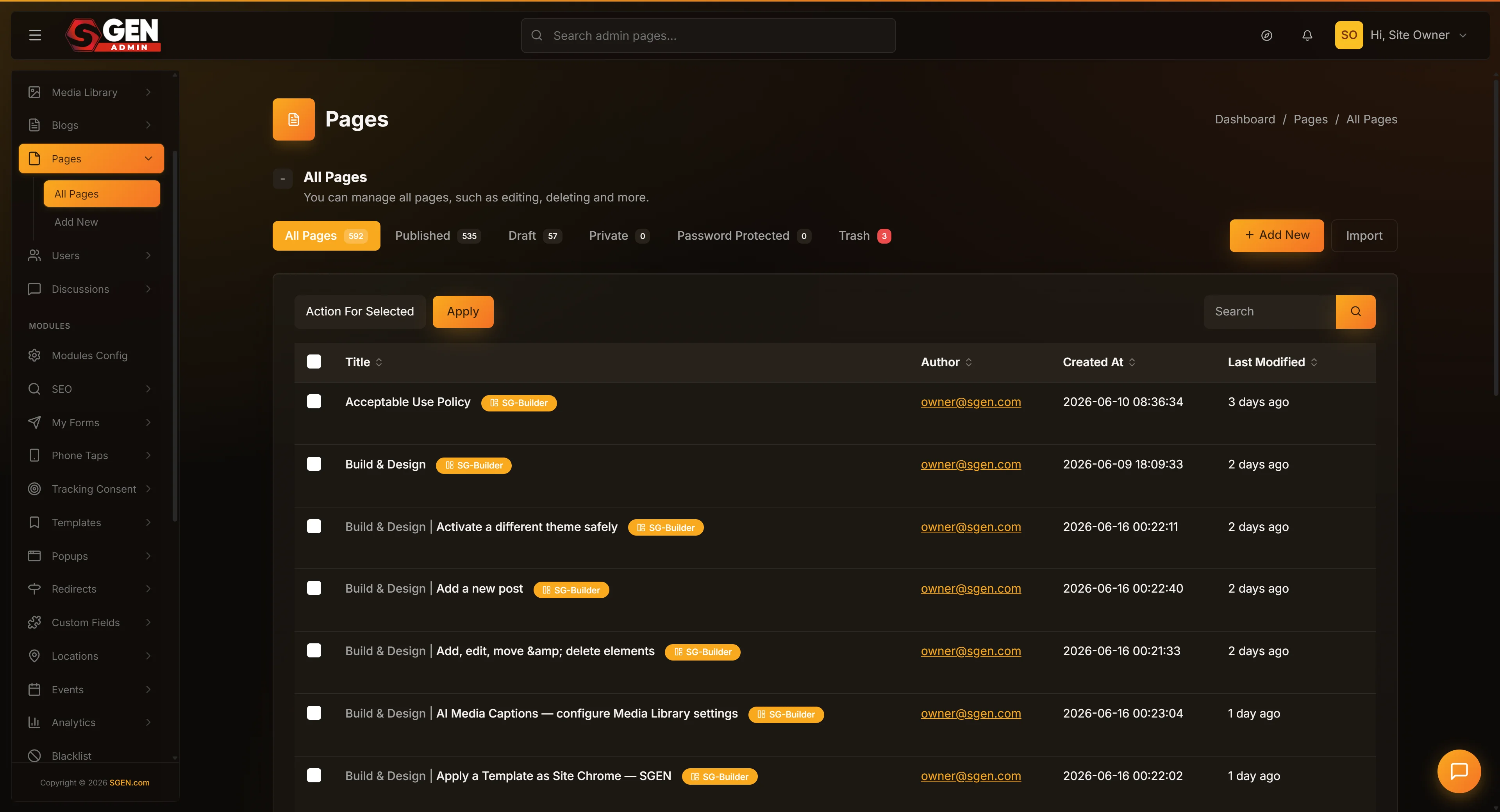 SGEN admin Pages list — a row's hover-revealed inline action menu showing Edit, Duplicate, Trash