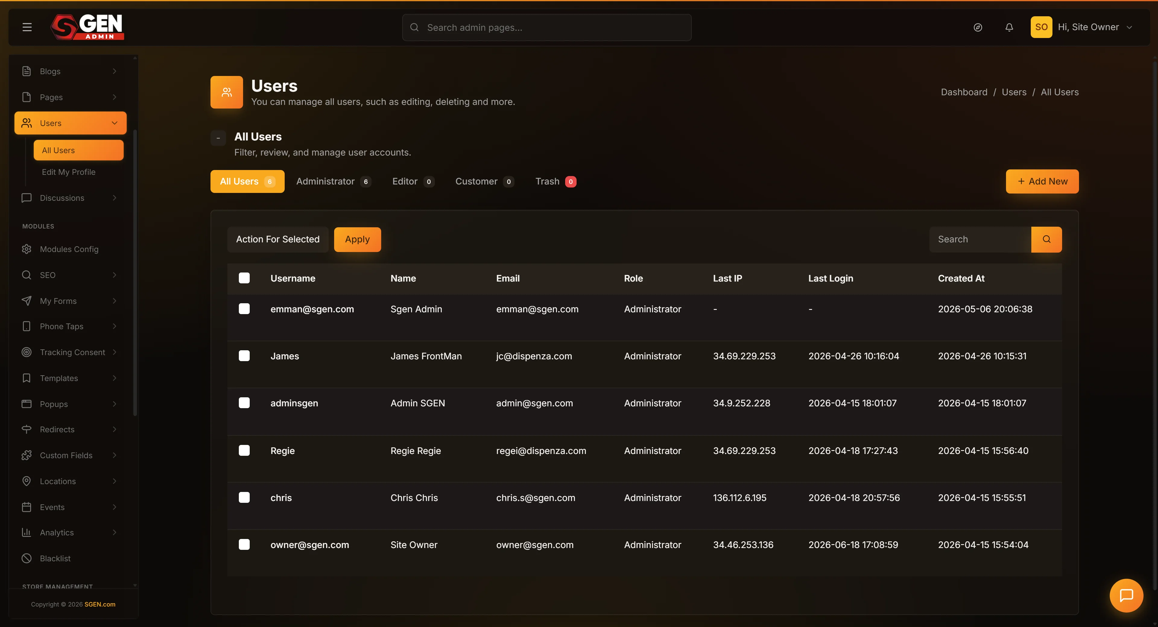 SGEN admin user-edit screen (Dashboard -> Users -> Edit): profile fields, Role dropdown, and Save Changes button