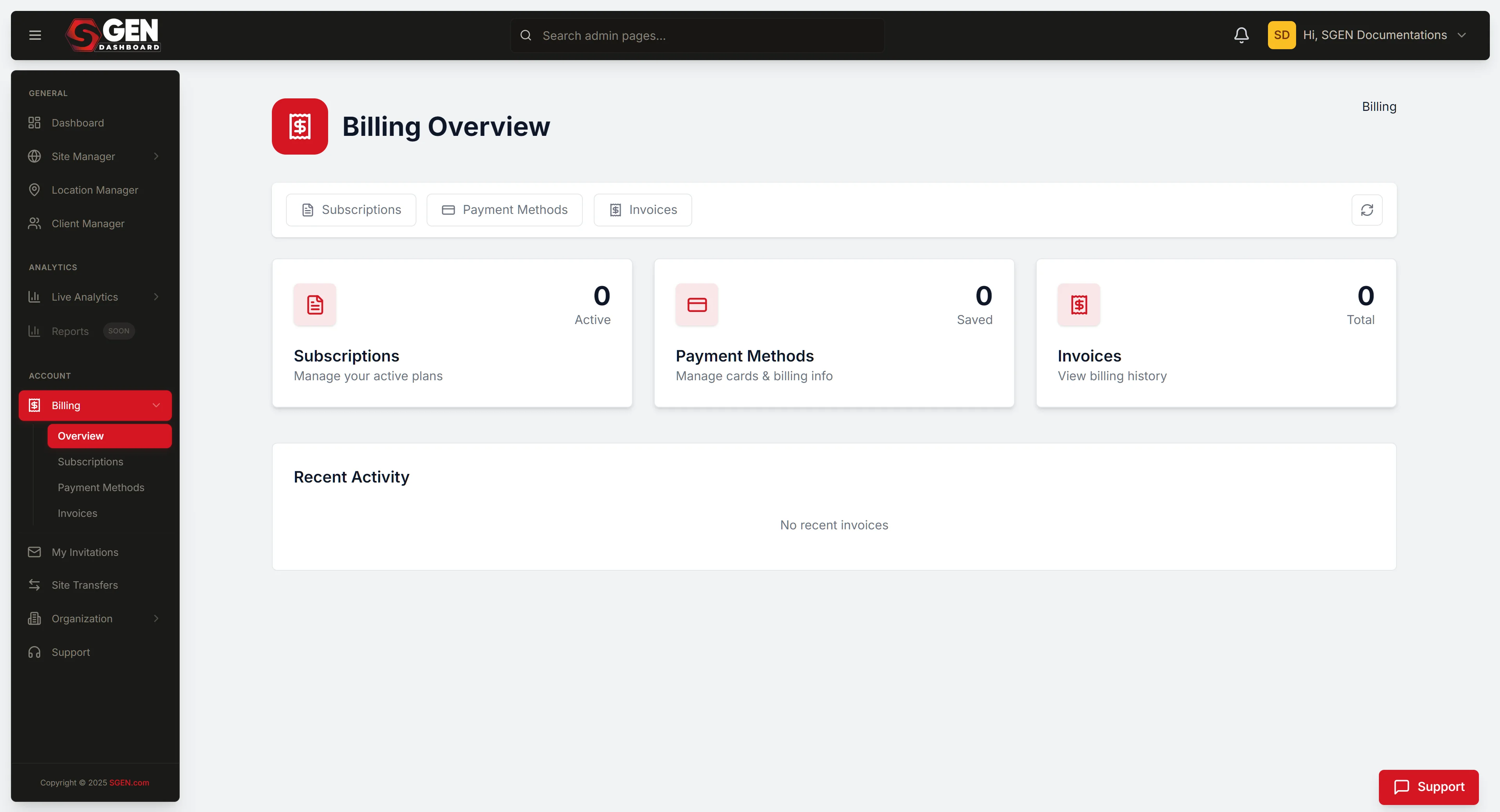 SG-Dashboard Billing section, Overview area, showing the four sub-tabs (Overview, Subscriptions, Payment Methods, Invoices) reached from the ACCOUNT group in the left nav