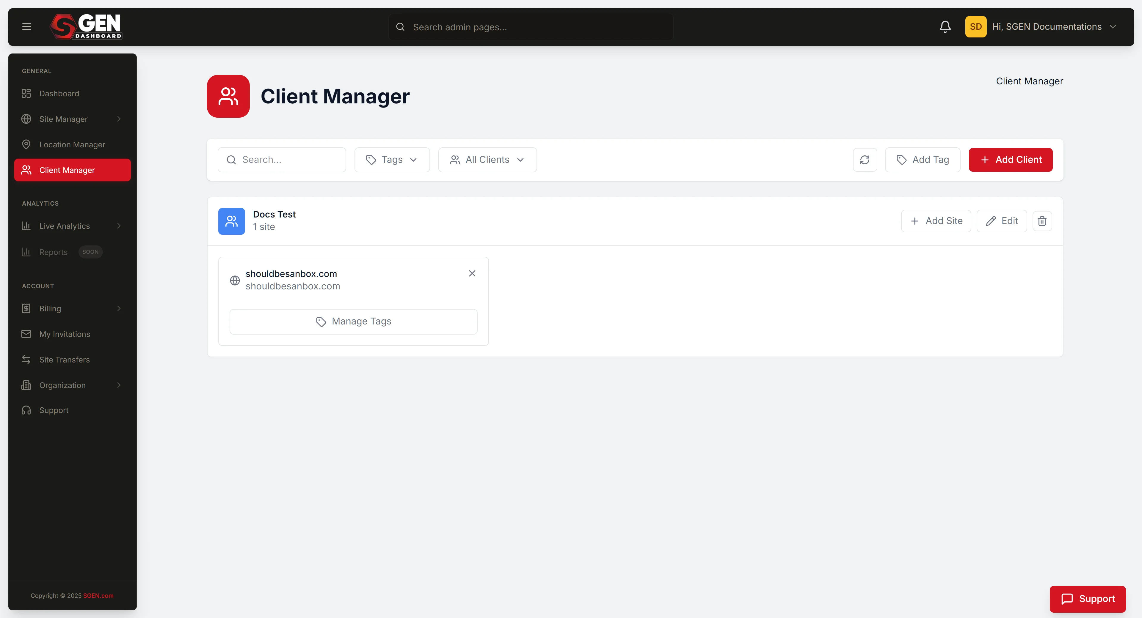 SG-Dashboard Client Manager list view (GENERAL group, /clients): status tabs, search, client rows with site URL and Open/Manage actions.