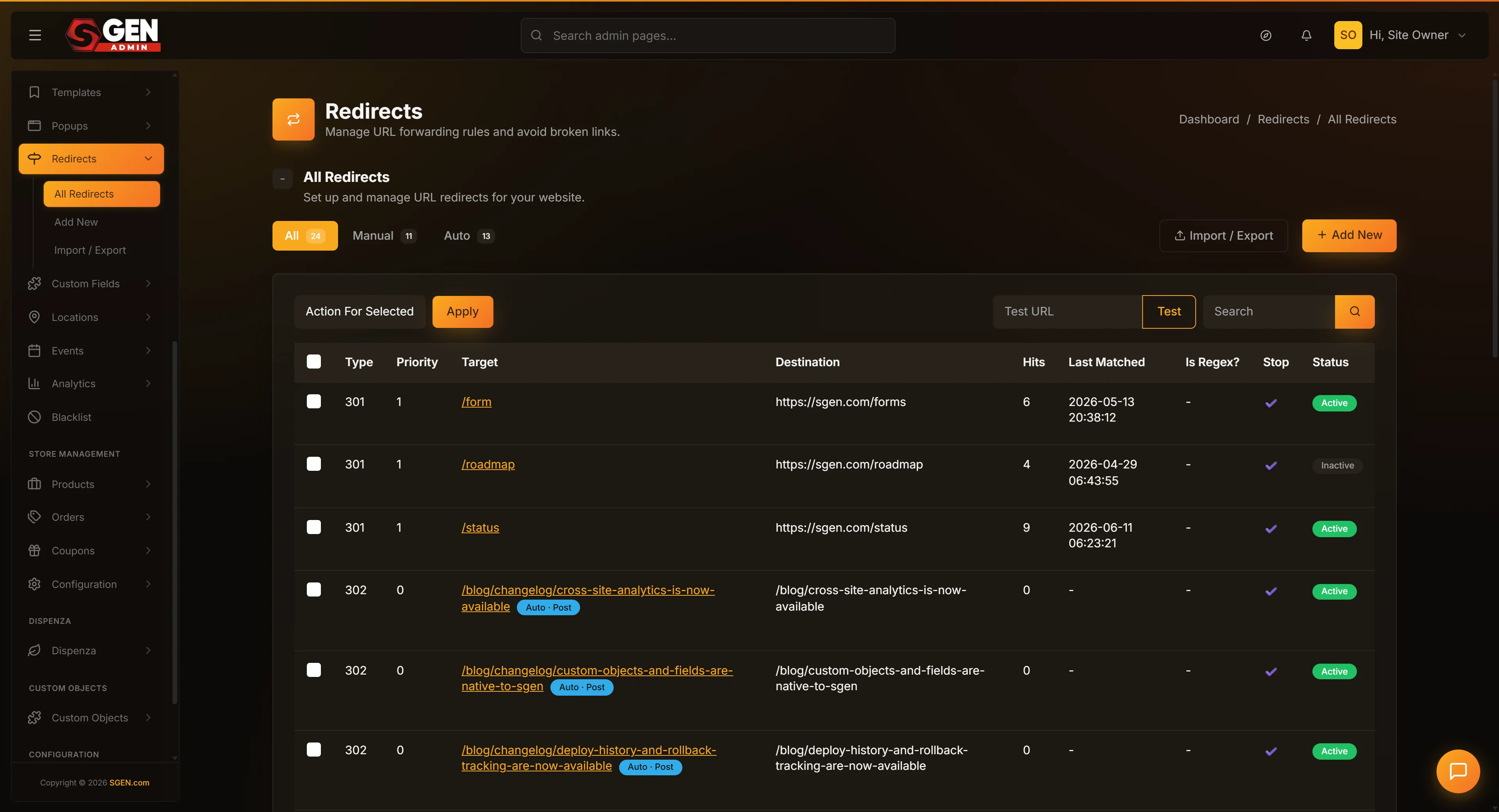 The Redirects list showing rule rows with Target, Destination, Type, Priority, and Status columns, plus the Add New and Import / Export controls.
