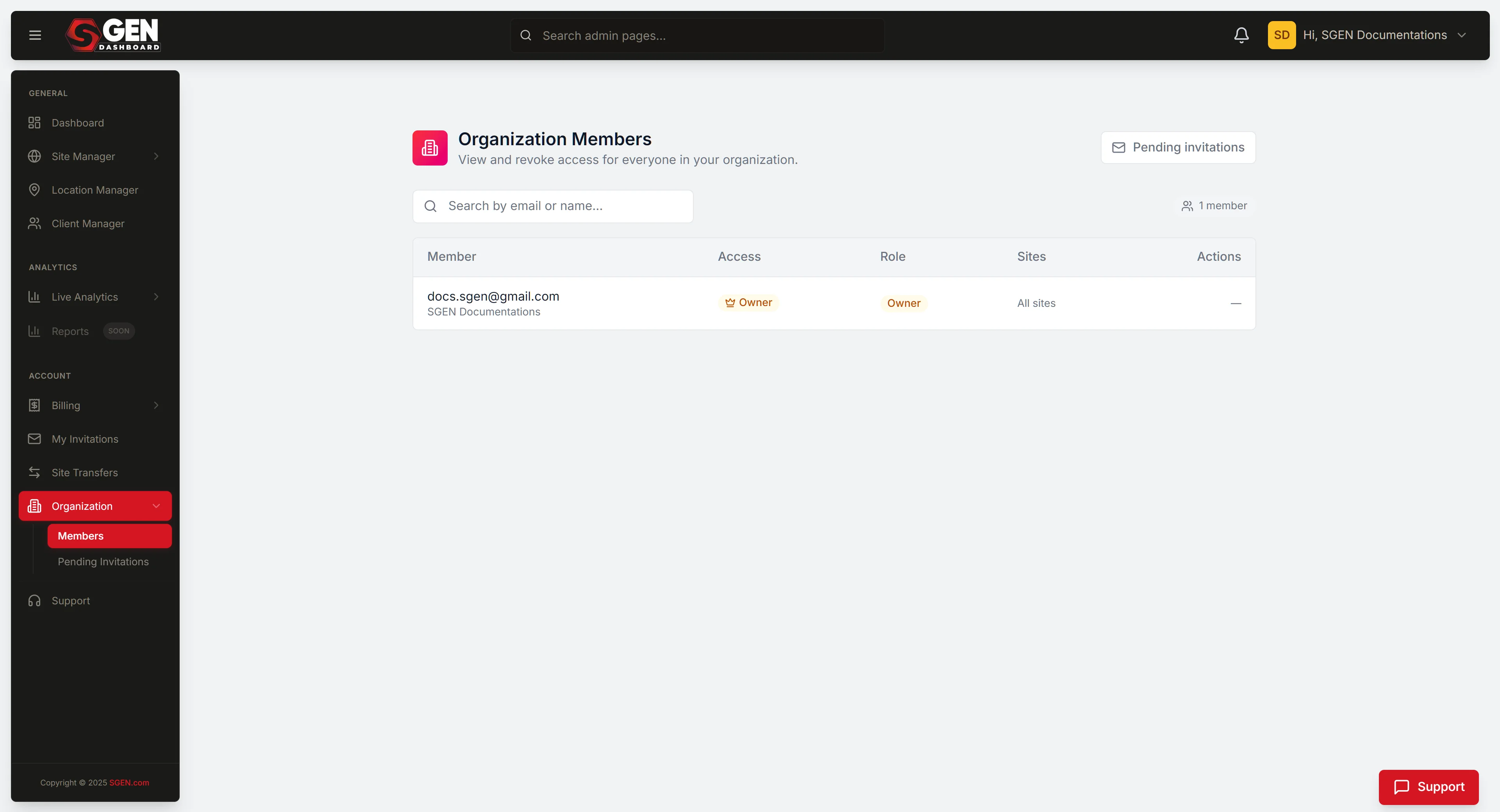SG-Dashboard Organization > Members screen (account-settings/organization/members): team list with roles and the + Invite Member control.