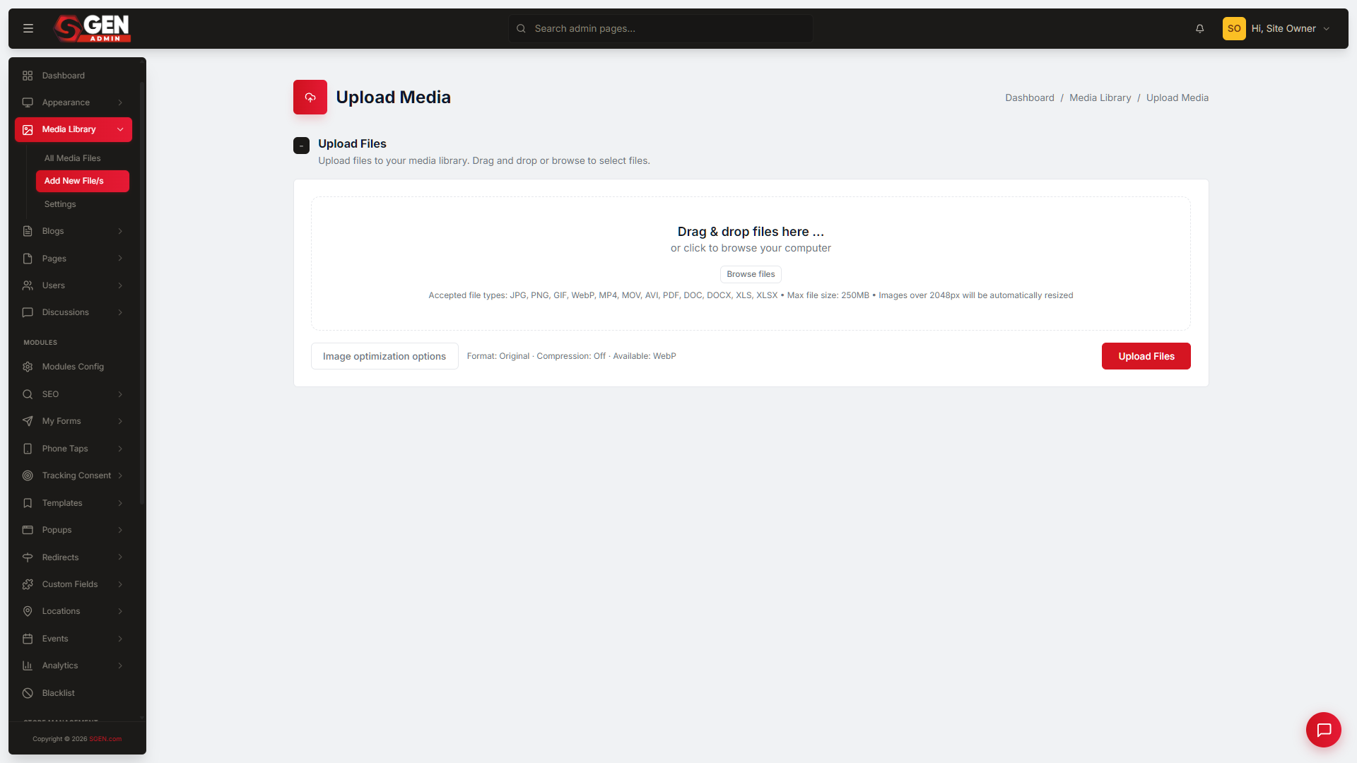 The Media Library upload page with the drop zone and the Image optimization options modal showing Convert to WebP and Compress Images with a Medium level selected.
