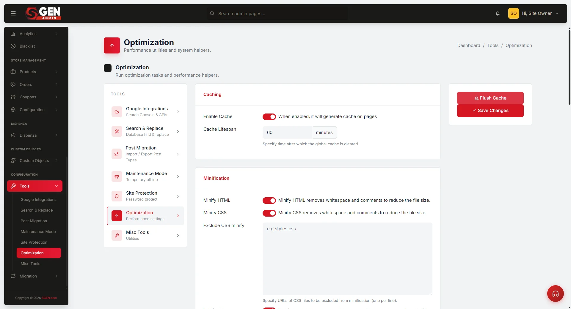 Tools > Optimization page: the stacked setting cards (Caching, Minification, CSS/JS Optimization, Lazy Loading, Media Preloading) with the right-rail Save Changes / Flush Cache pan