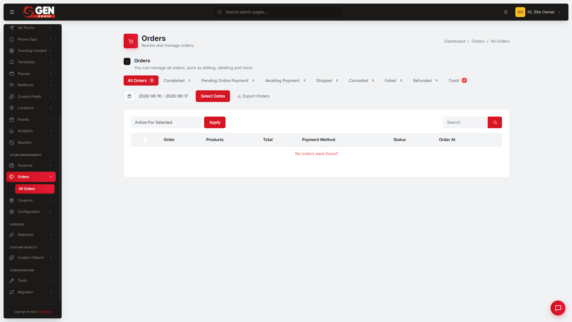The Orders list in SG-Admin, showing status tabs with live counts across the top, a search box, and order rows with status badges.