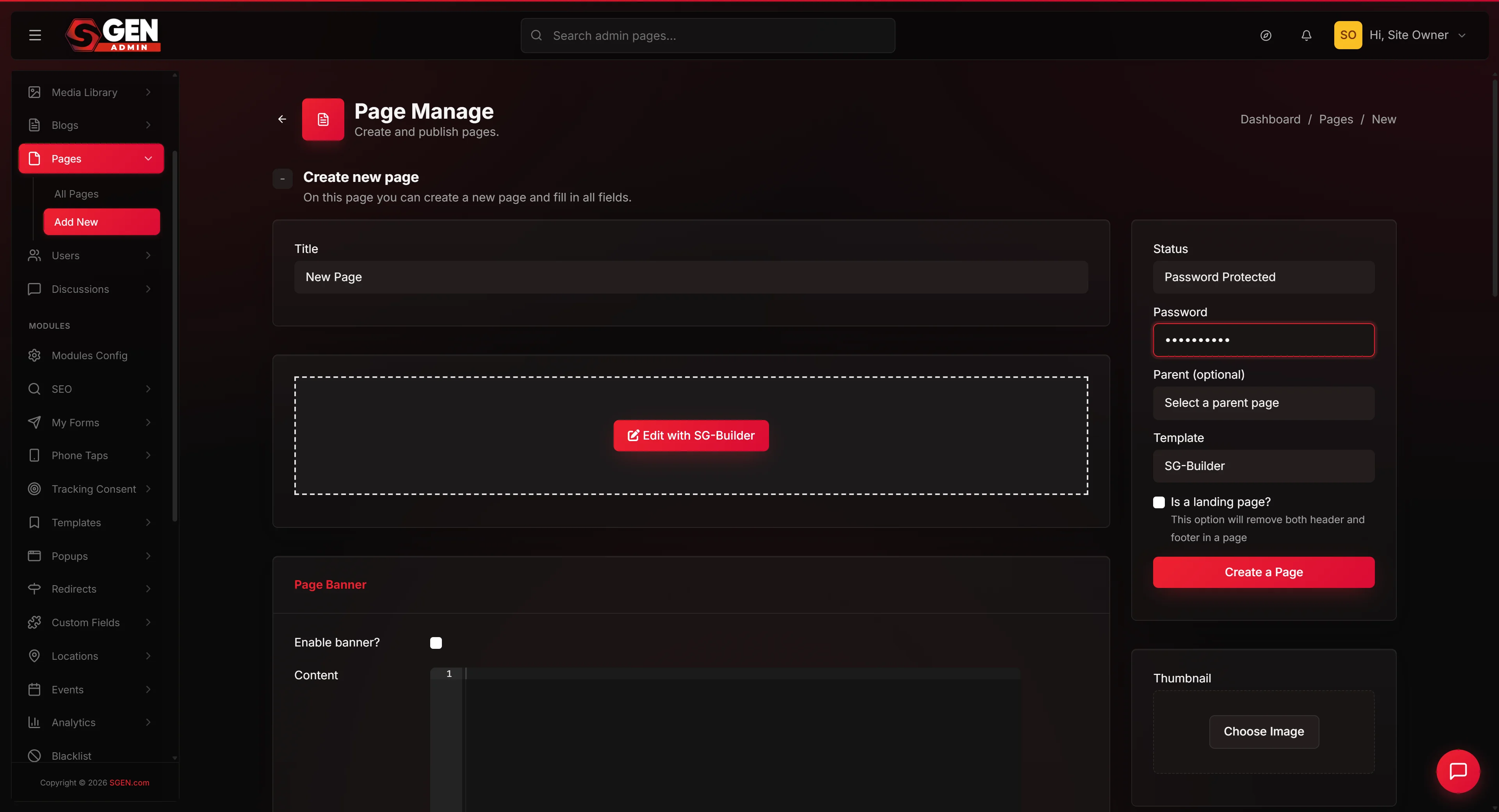 Pages -> Edit -> Page settings: Visibility set to Password protected with the Password field and Remember-me duration shown