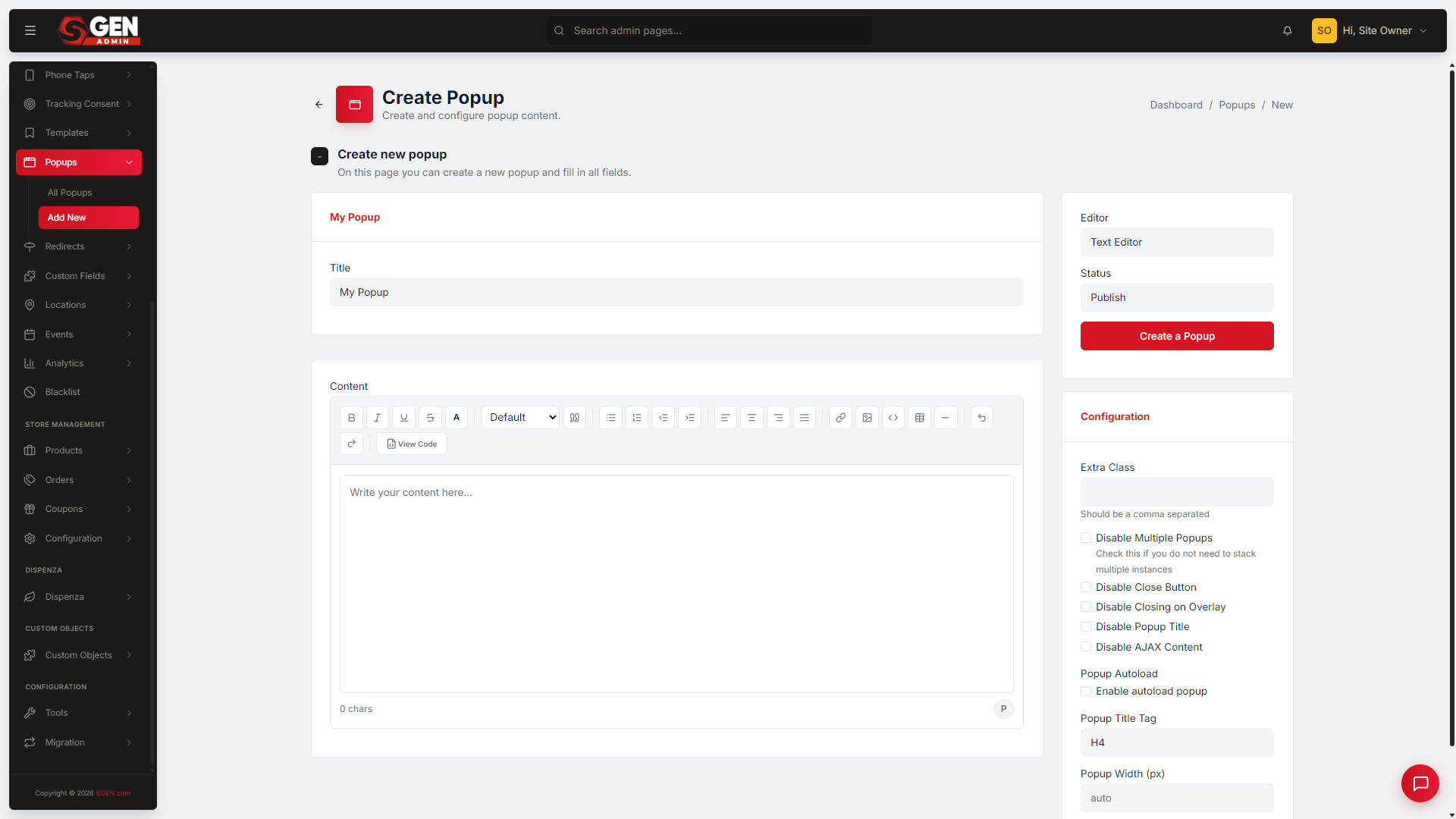the New Popup form, showing the Title and Content fields with the Configuration section (Autoload, Delay, Autoload frequency) below.
