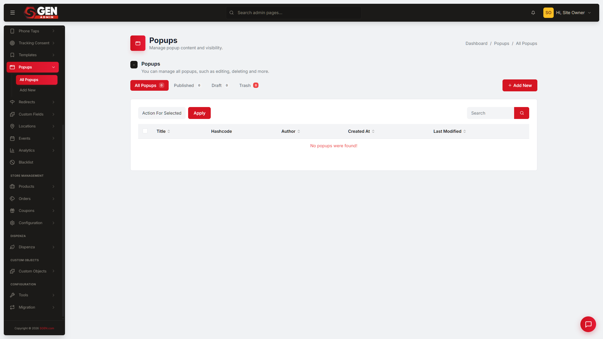 the popups list with the Hashcode column (showing a code like `#sgp_5`) and its copy icon highlighted.
