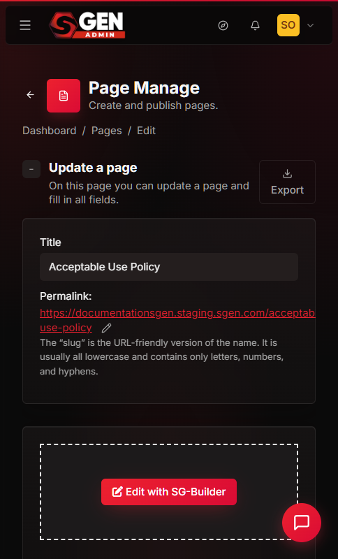 SGEN page edit screen showing the SEO tab with SEO Title, Meta Description, and Canonical URL fields