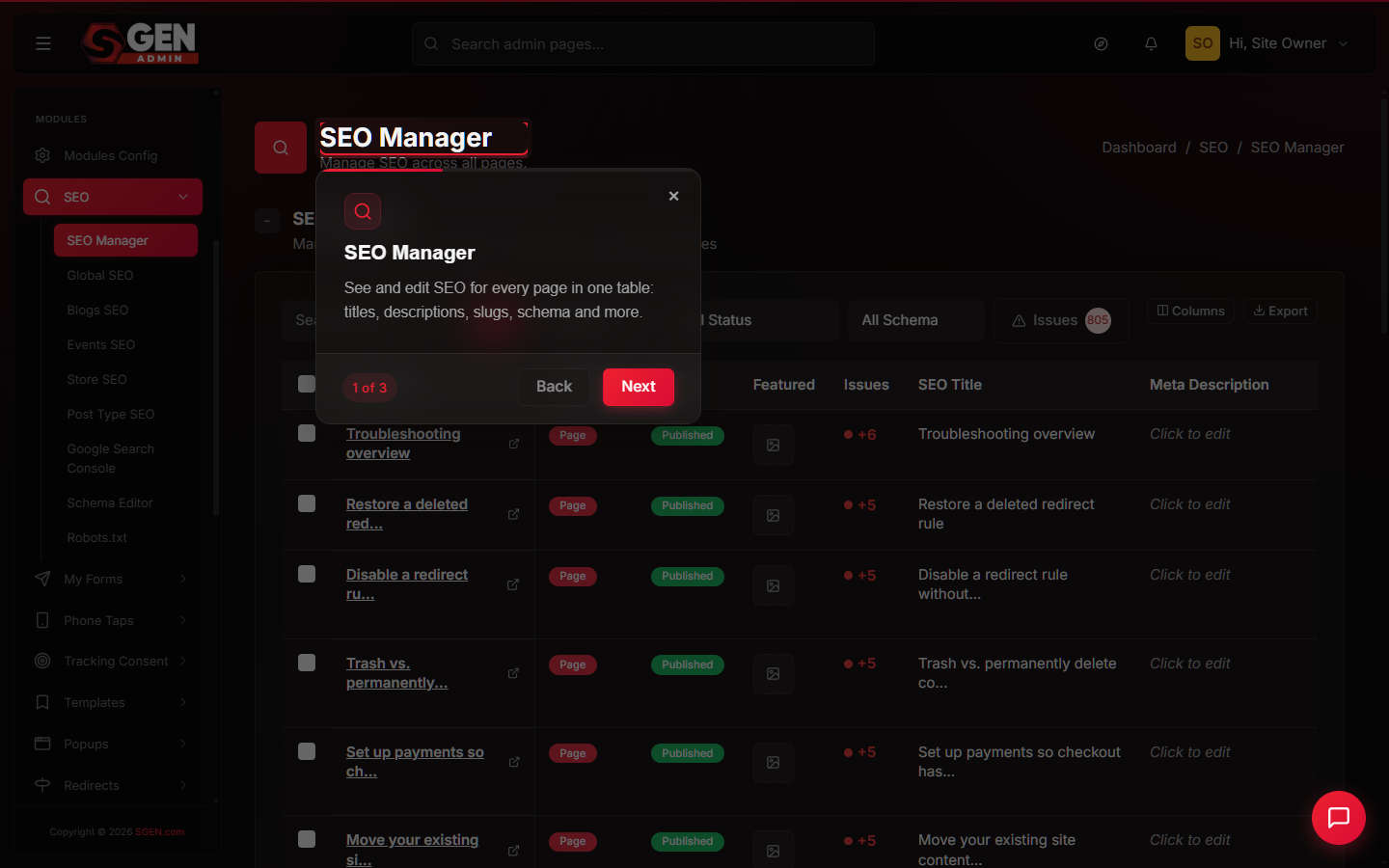 SGEN Settings Sitemap screen showing the enabled toggle and Domain field set to the production domain