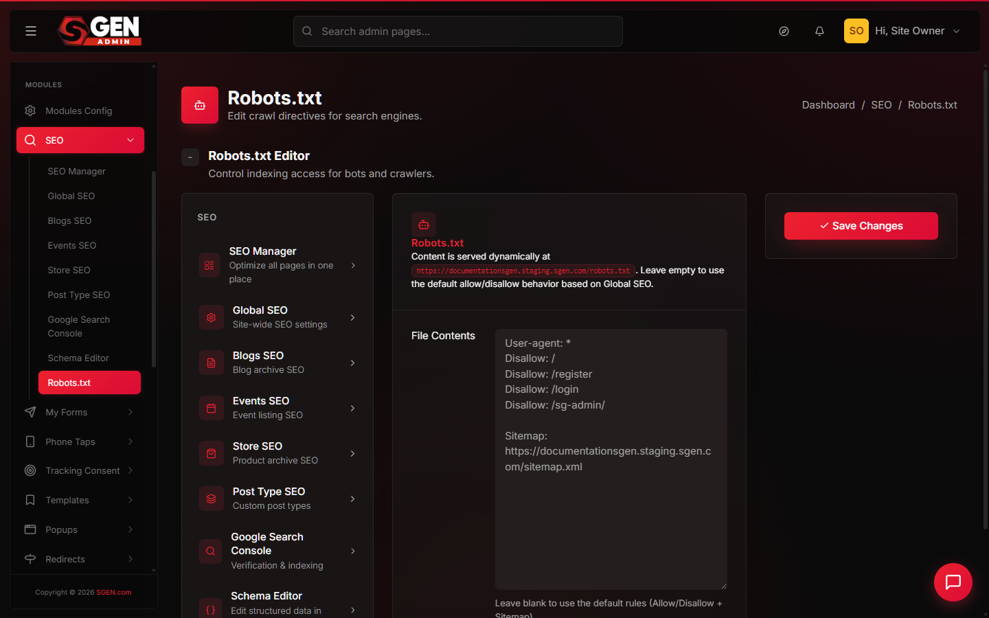 SGEN Settings Robots screen showing the crawling setting set to Allow indexing