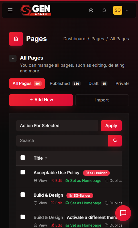 SGEN admin Pages list showing SEO title and meta description columns during a pre-launch audit review