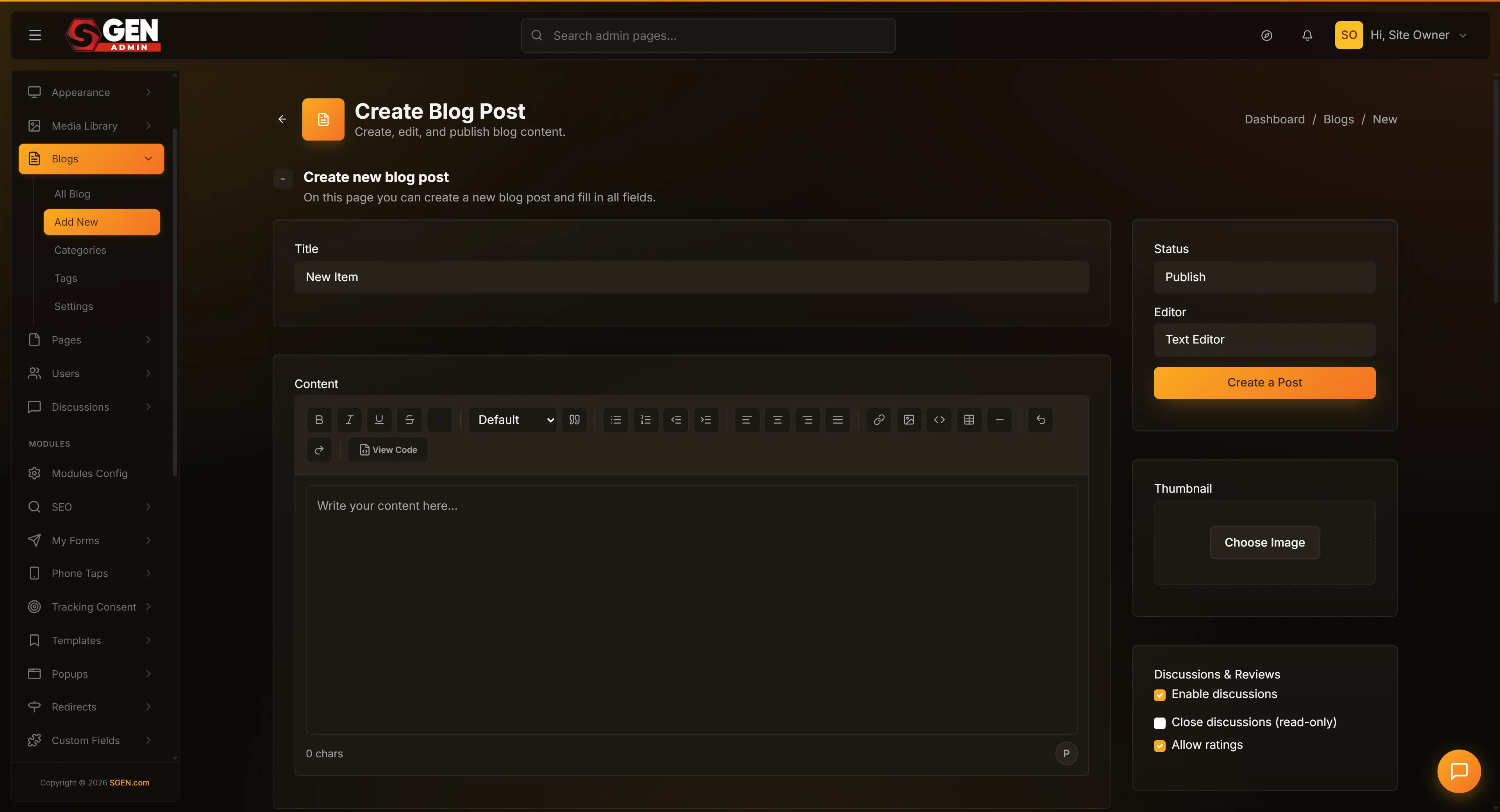 SGEN blog post editor showing title field, content area, and right sidebar with Category, Featured Image, and SEO panels