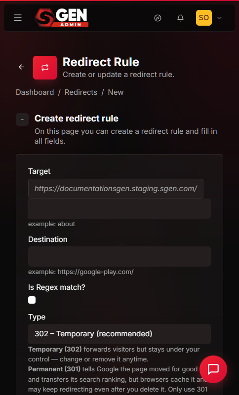 SGEN Add New redirect form with Target, Destination, Type, and Priority fields ready to rebuild a deleted rule manually