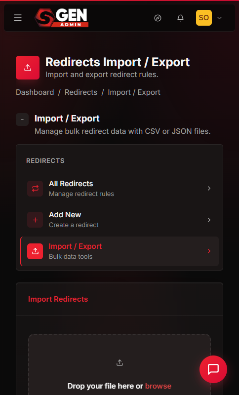 SGEN Redirects Import / Export page with the Import tab open and a file upload field ready to accept a CSV or JSON backup