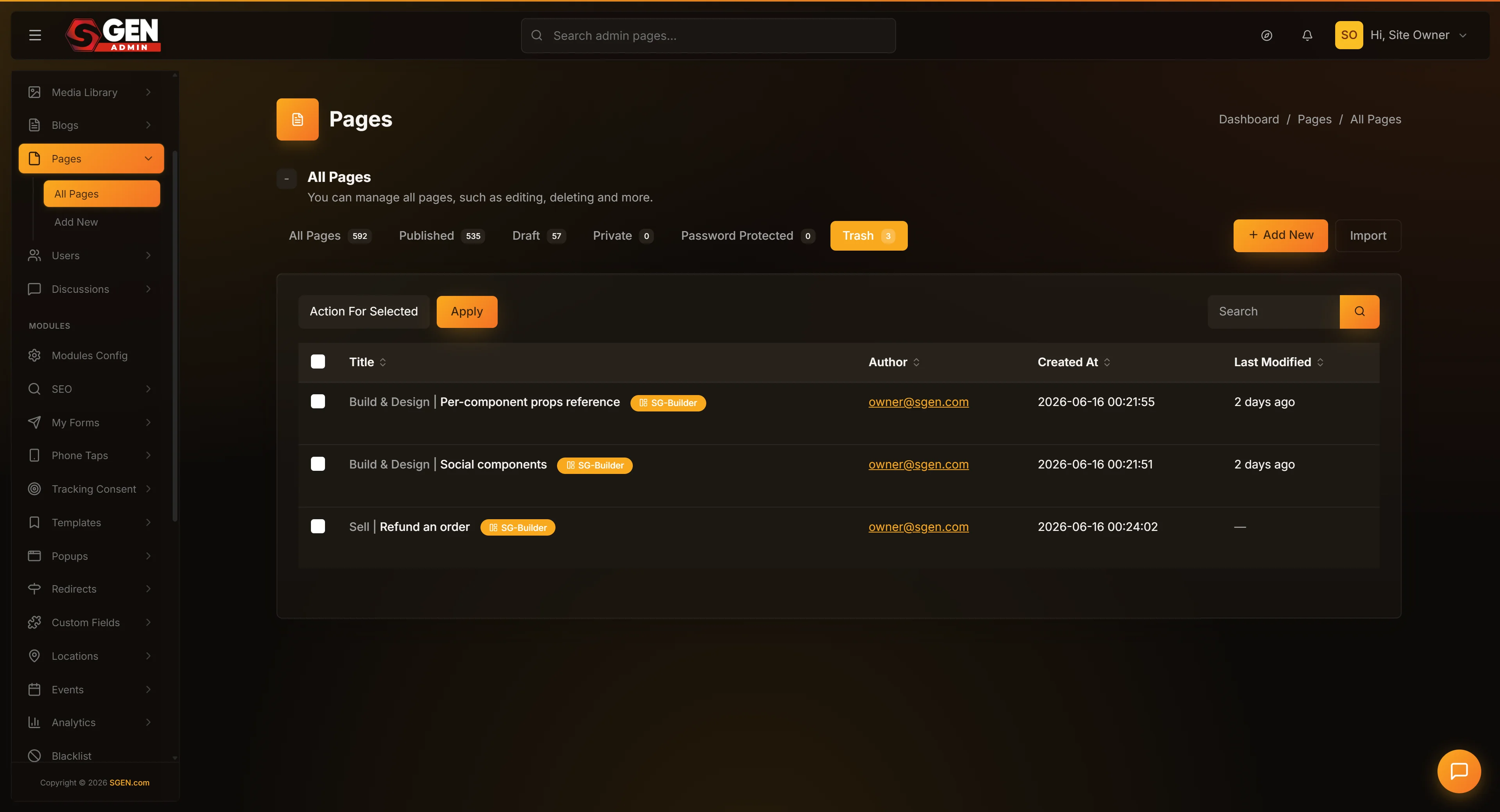 Pages list with the Trash tab active and the inline Restore row action visible on a trashed page row