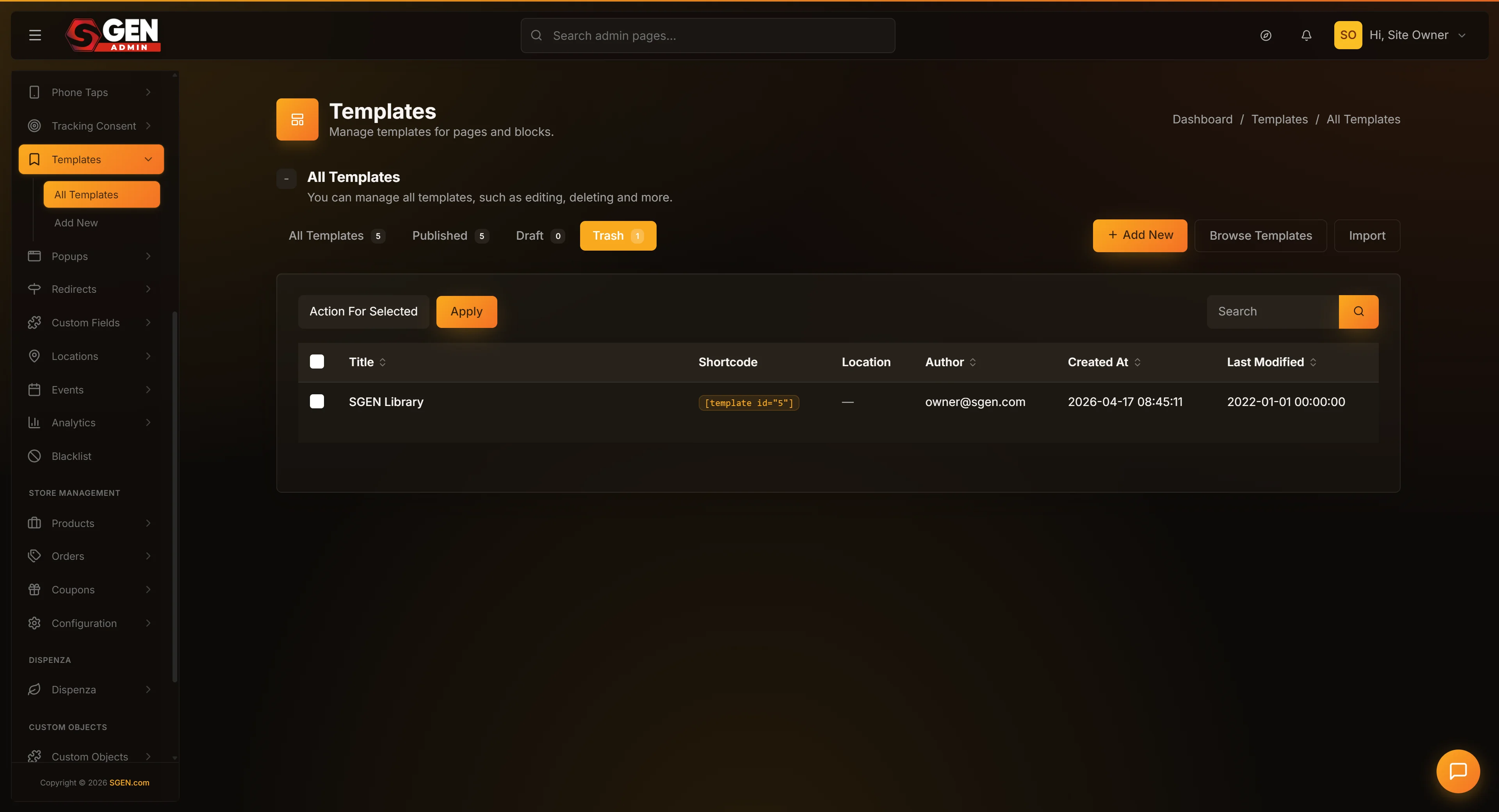 Templates list with the Trash filter pill selected, showing Restore and Delete Permanently row actions on a trashed template