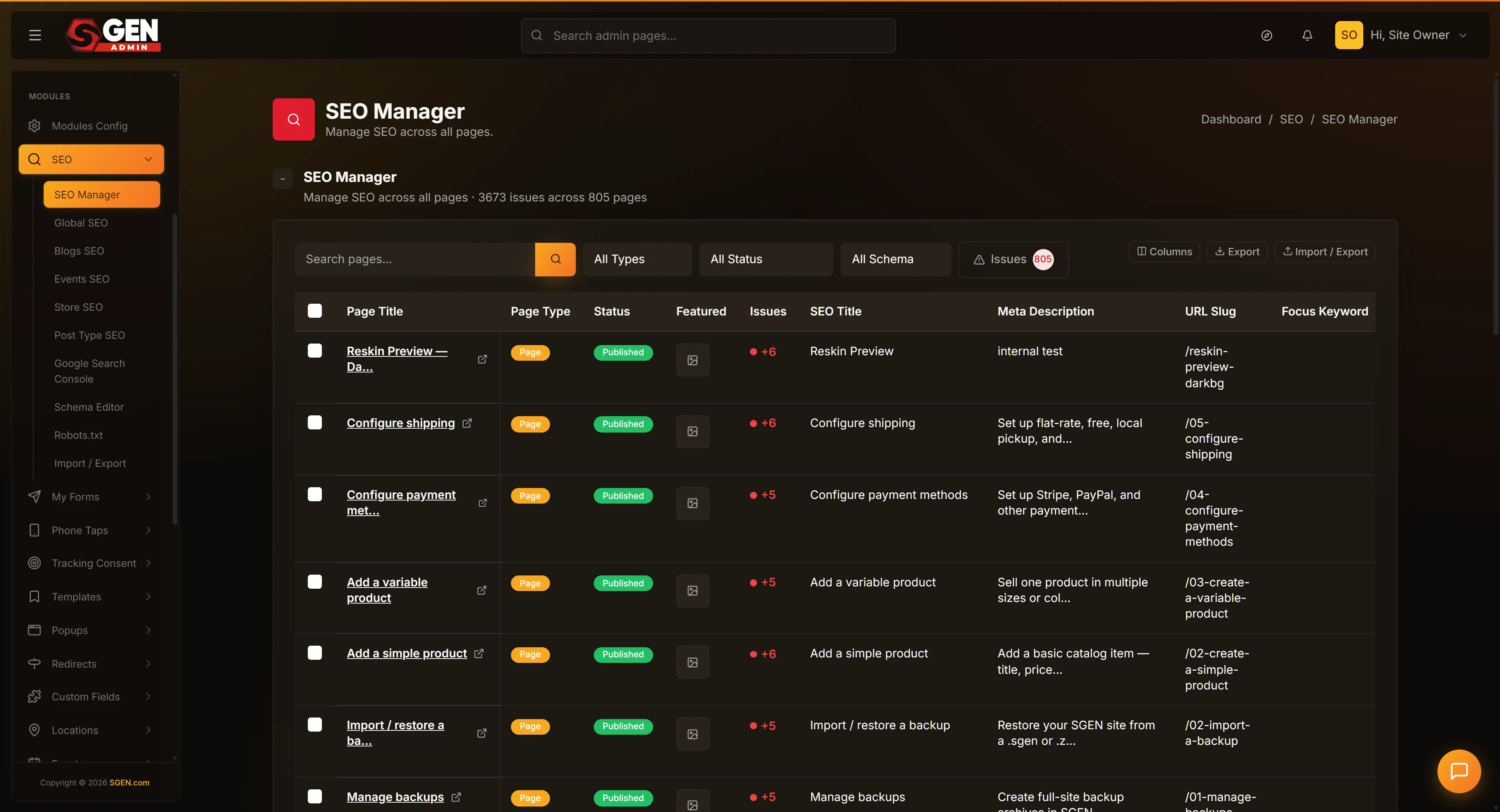 SGEN SEO settings panel open to the Default Meta Description field with a sample description entered and character count shown