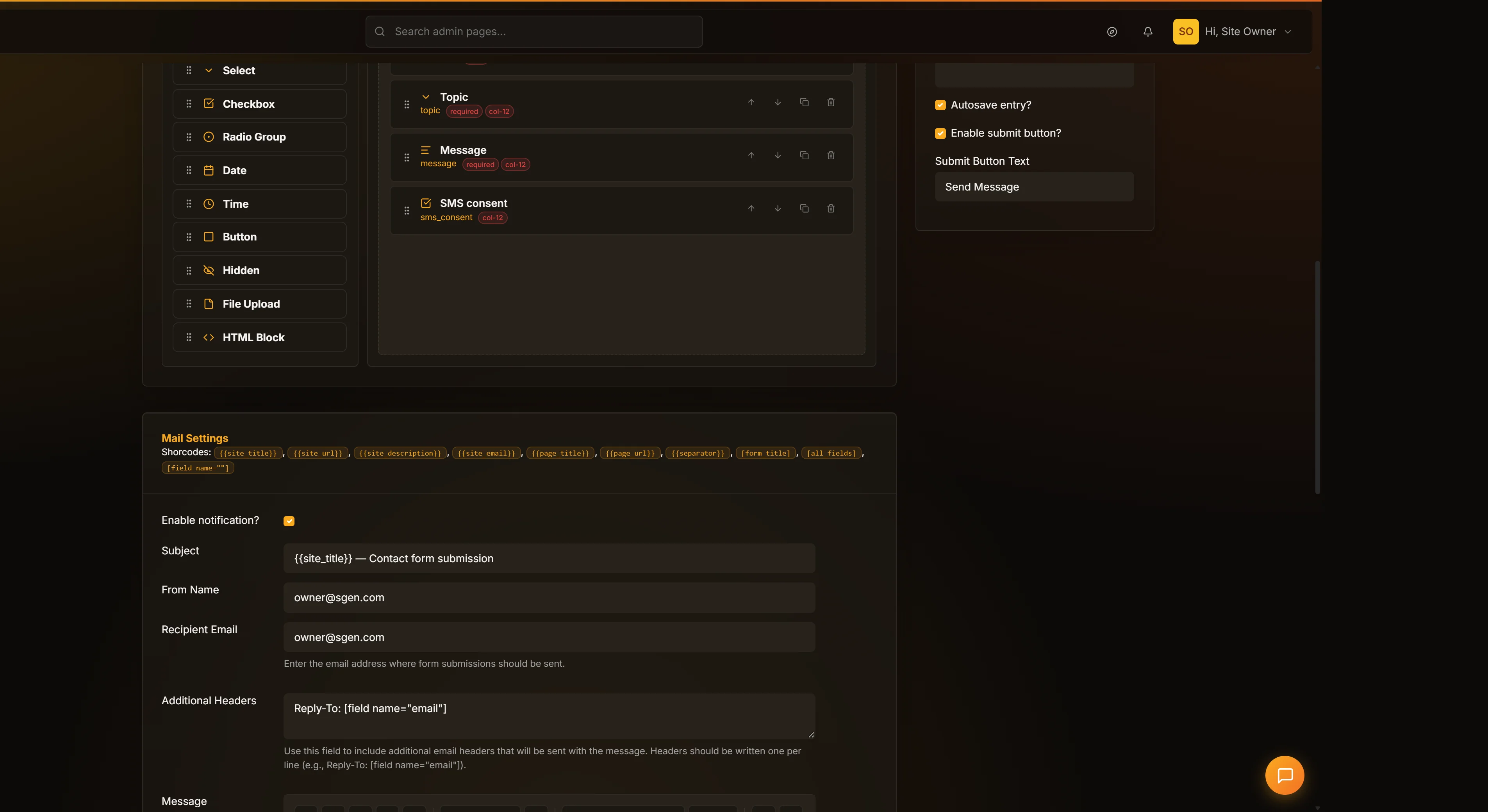 My Forms admin (/sg-admin/forms) list, ideally the form detail -> Mail Settings panel with Notification recipient, subject, reply-to and Send test notification controls