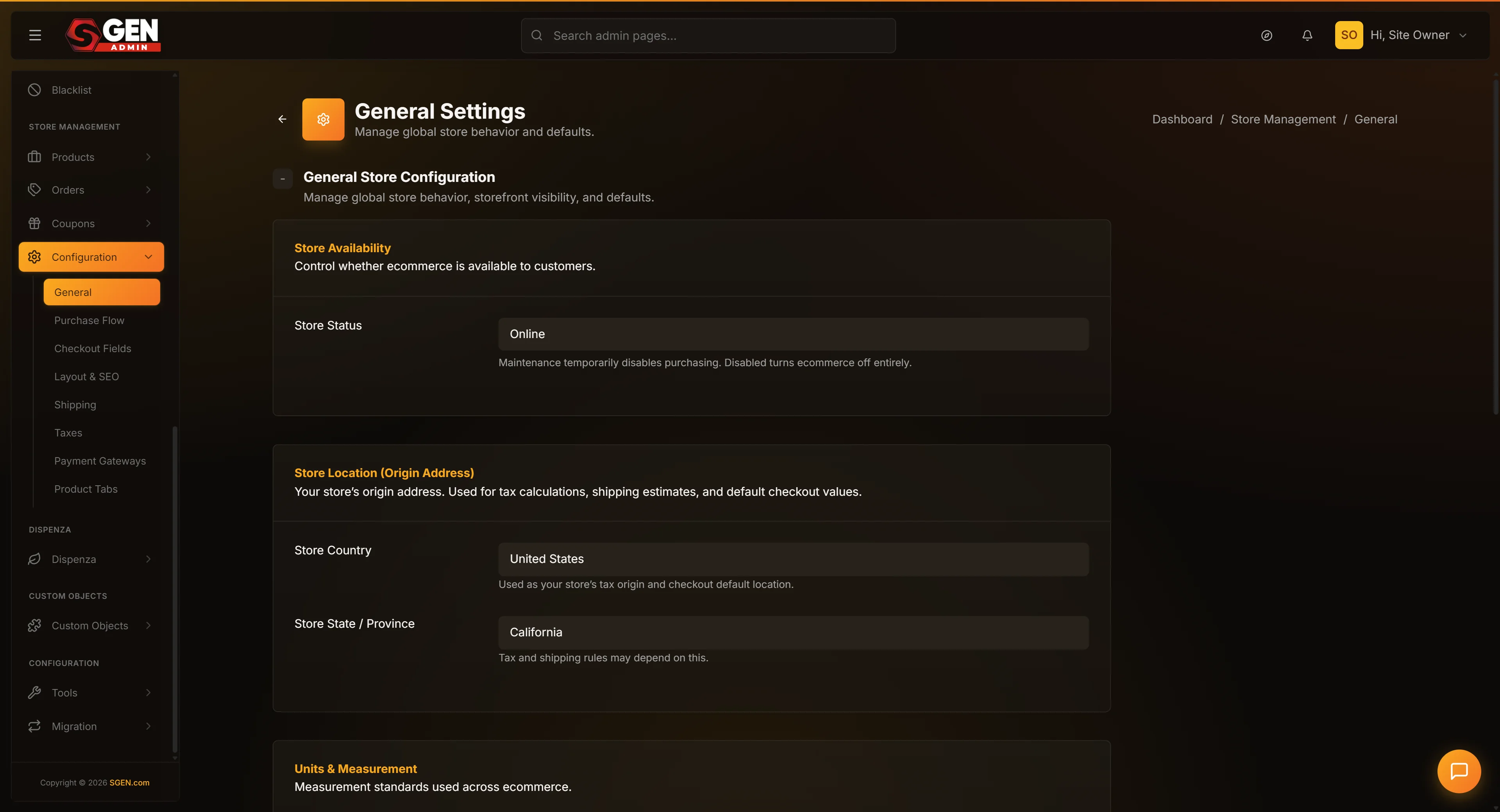 Settings > Store Management > Store Configuration, General tab: Store Status, Origin Country/State, Weight/Dimension Unit, Terms checkbox fields