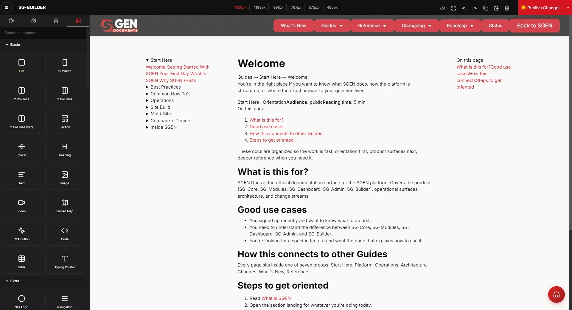 SG-Builder editor showing a saved template being applied to a new blank page