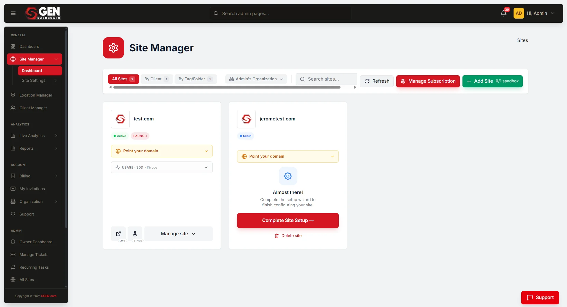 SGEN Site Manager Stage and Live panel showing the Promote to Live button and staging versus live environment tabs