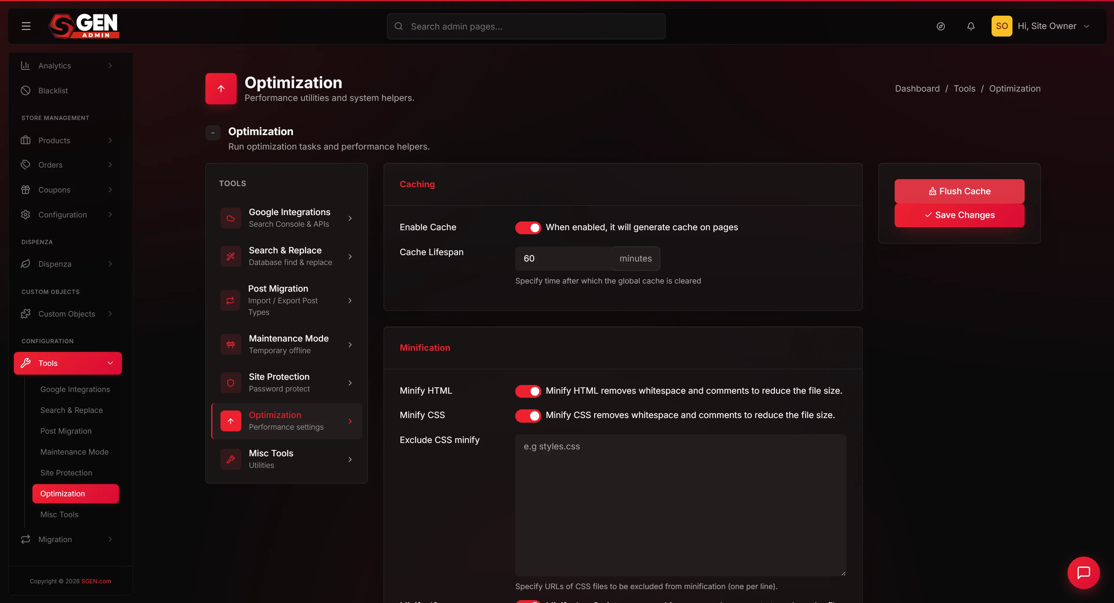 The Tools > Optimization panel (/sg-admin/tools/optimization) showing the Cache, Minification, Deferred loading, and Lazy loading toggle groups plus the Save Changes / Flush Cache